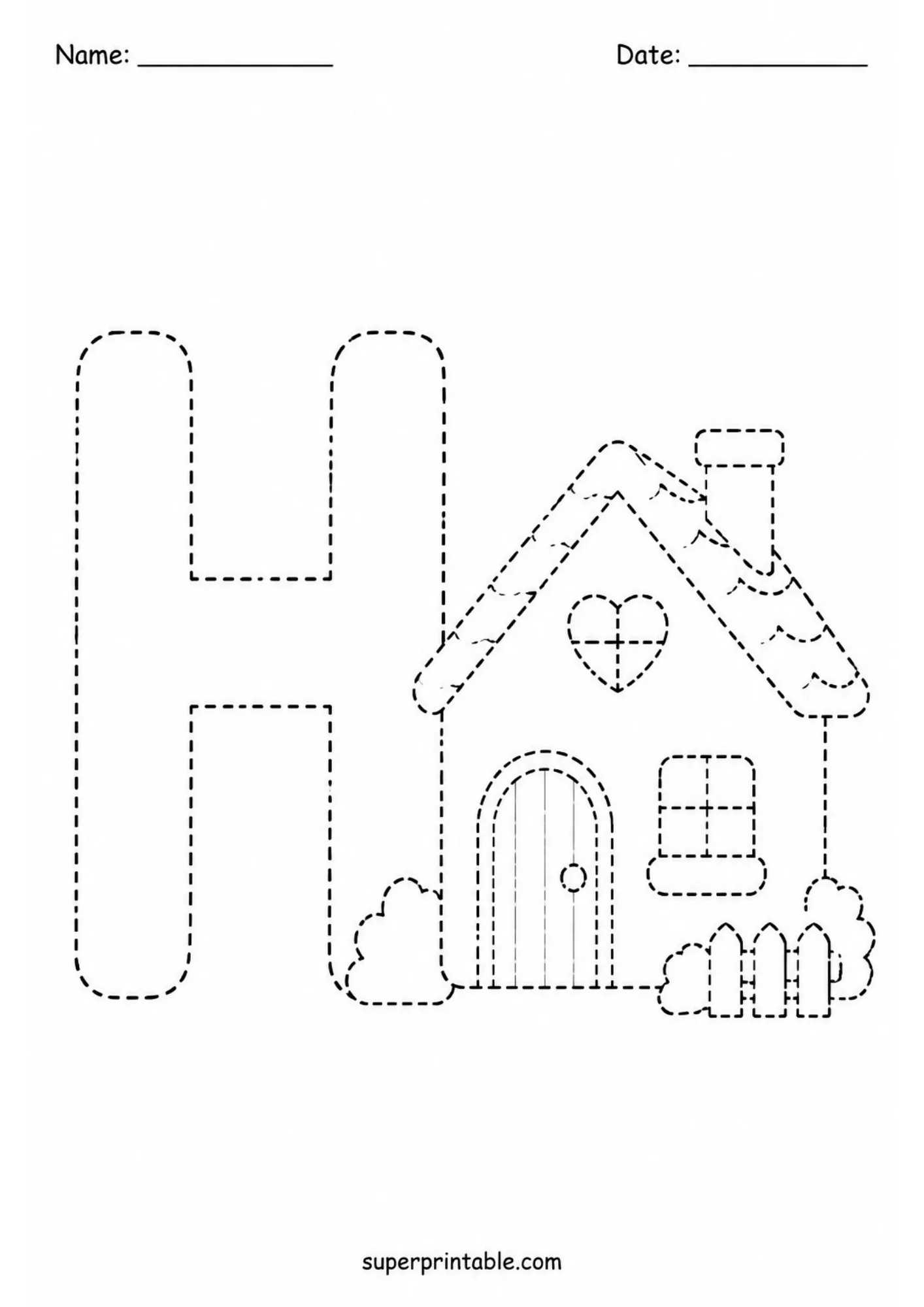 Alphabet tracing worksheets showing uppercase letter H beside a dashed house design