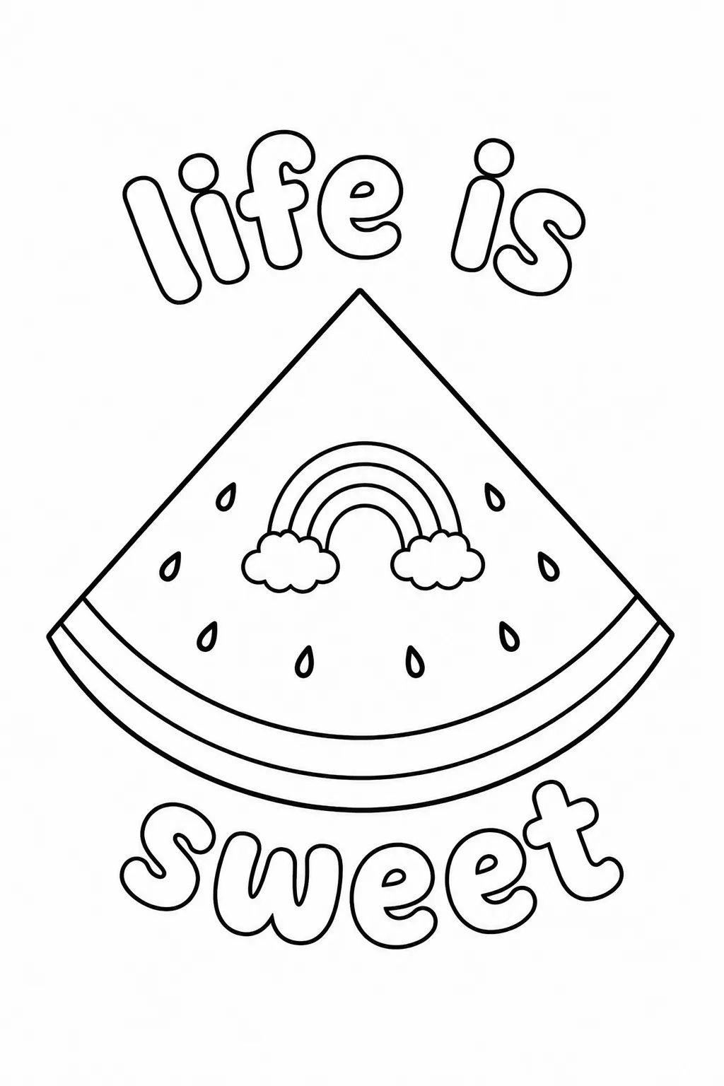 Cute watermelon slice with a mini rainbow and clouds line art coloring page for kids.