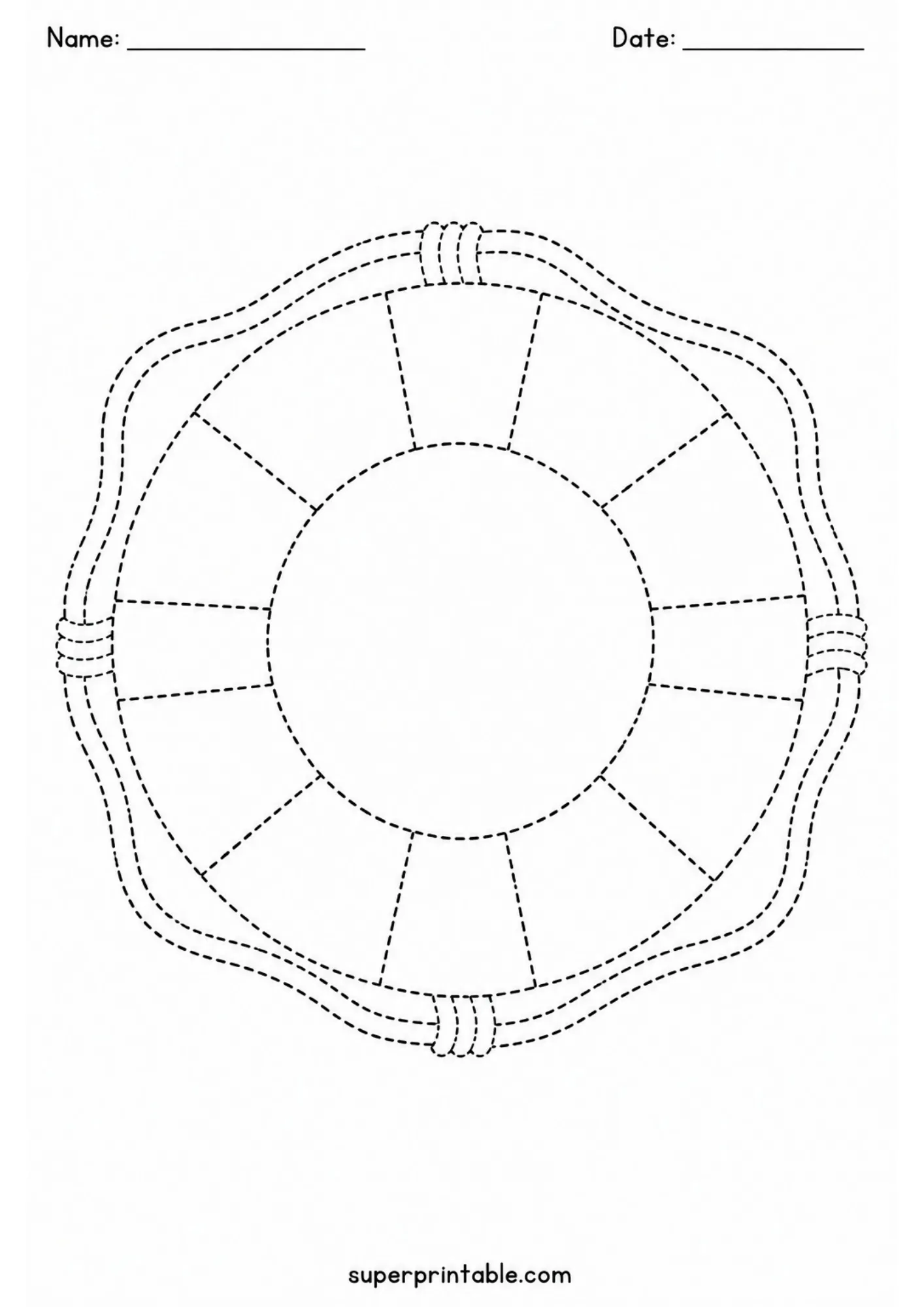 Dashed outline lifebuoy swim ring line tracing worksheet for preschool pencil control.