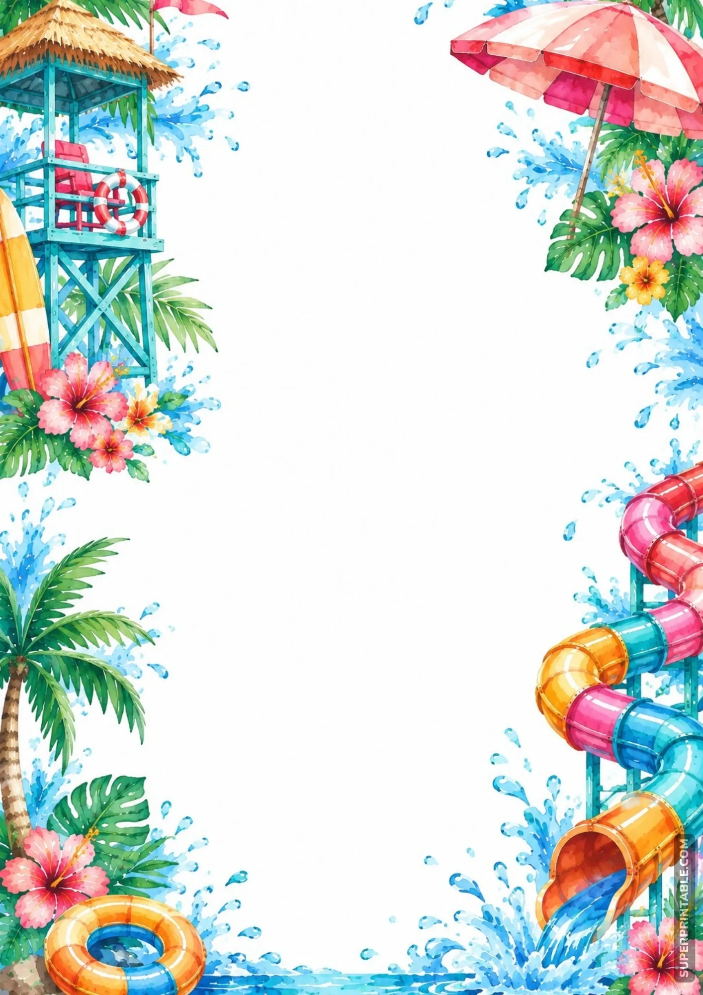 Decorative border page showcasing a wooden lifeguard tower, beach umbrella, and water slide.