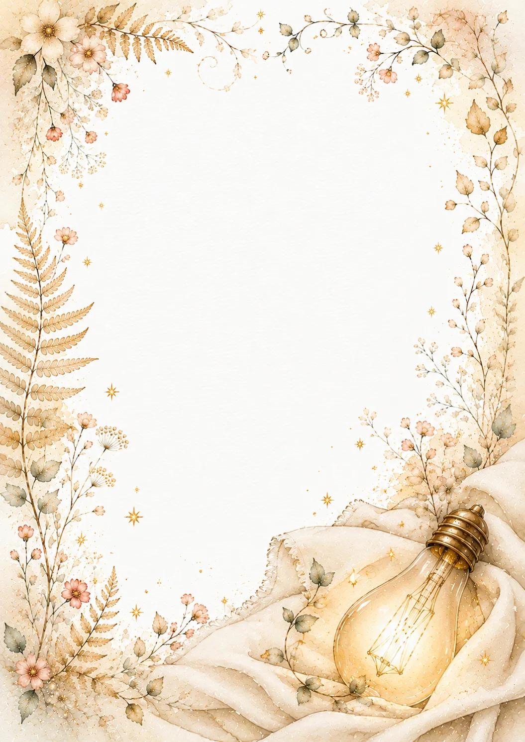 Large glowing bulb resting on cream fabric with soft flowers, ferns, and golden star accents