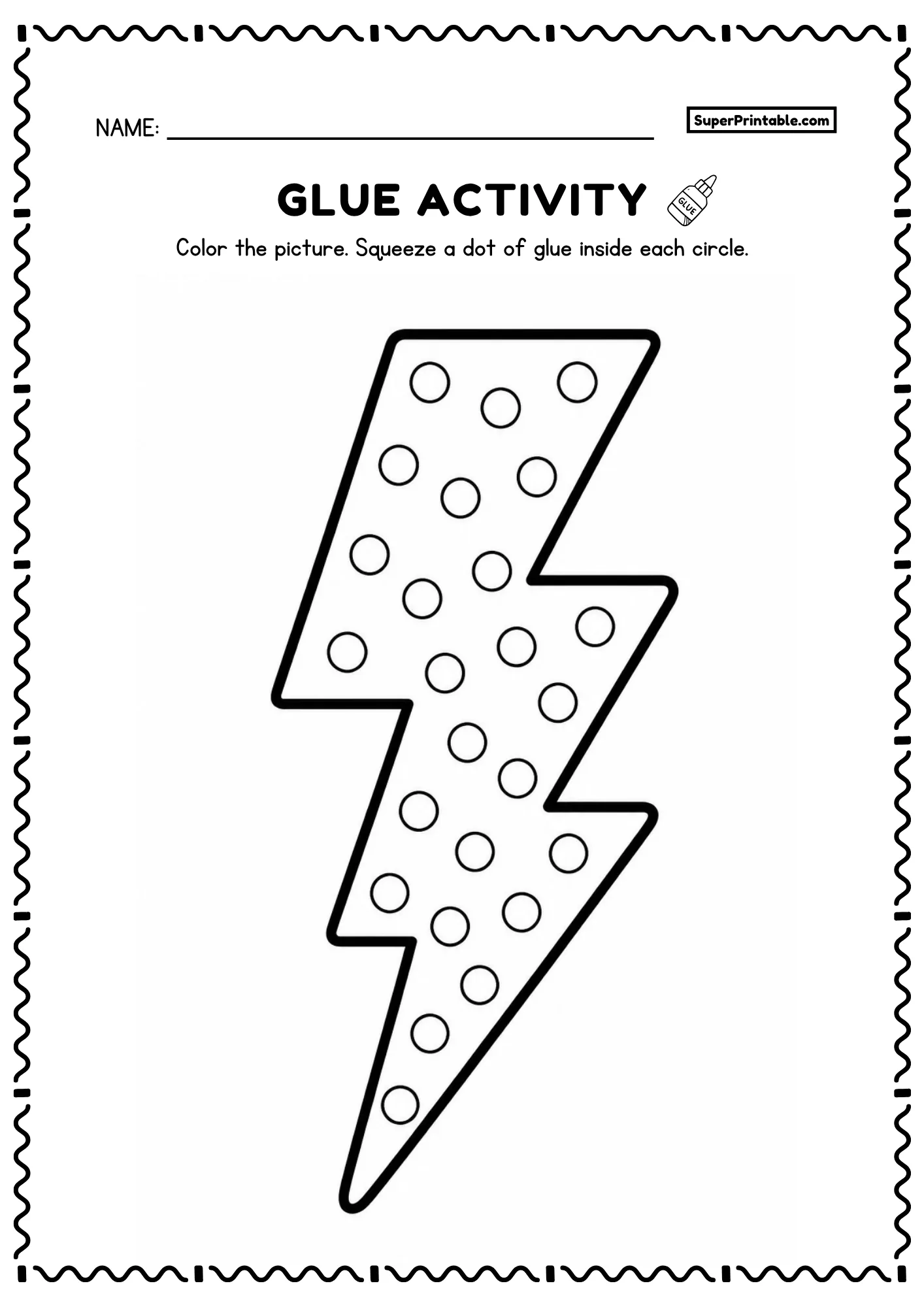 Lightning bolt glue activity with empty circles for a storm themed preschool worksheet