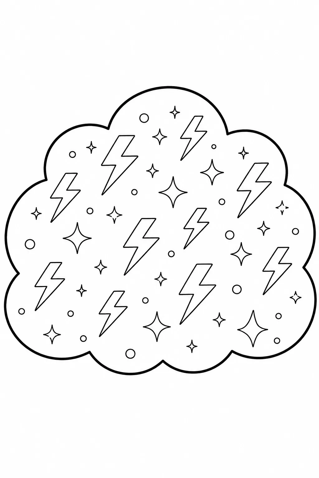 Cloud outline filled with scattered lightning bolts and small sparkles.