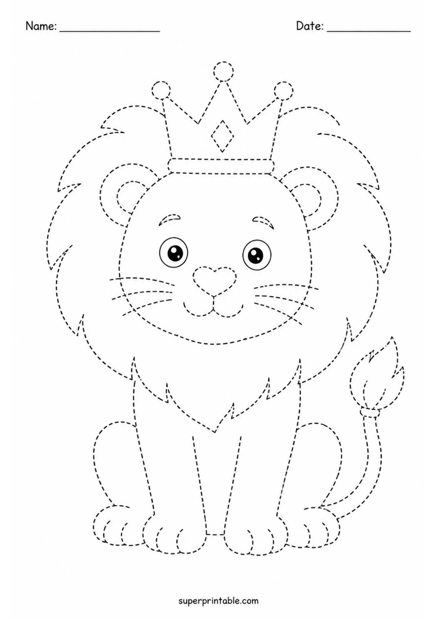 Dashed line lion wearing a crown included in safari tracing pages.