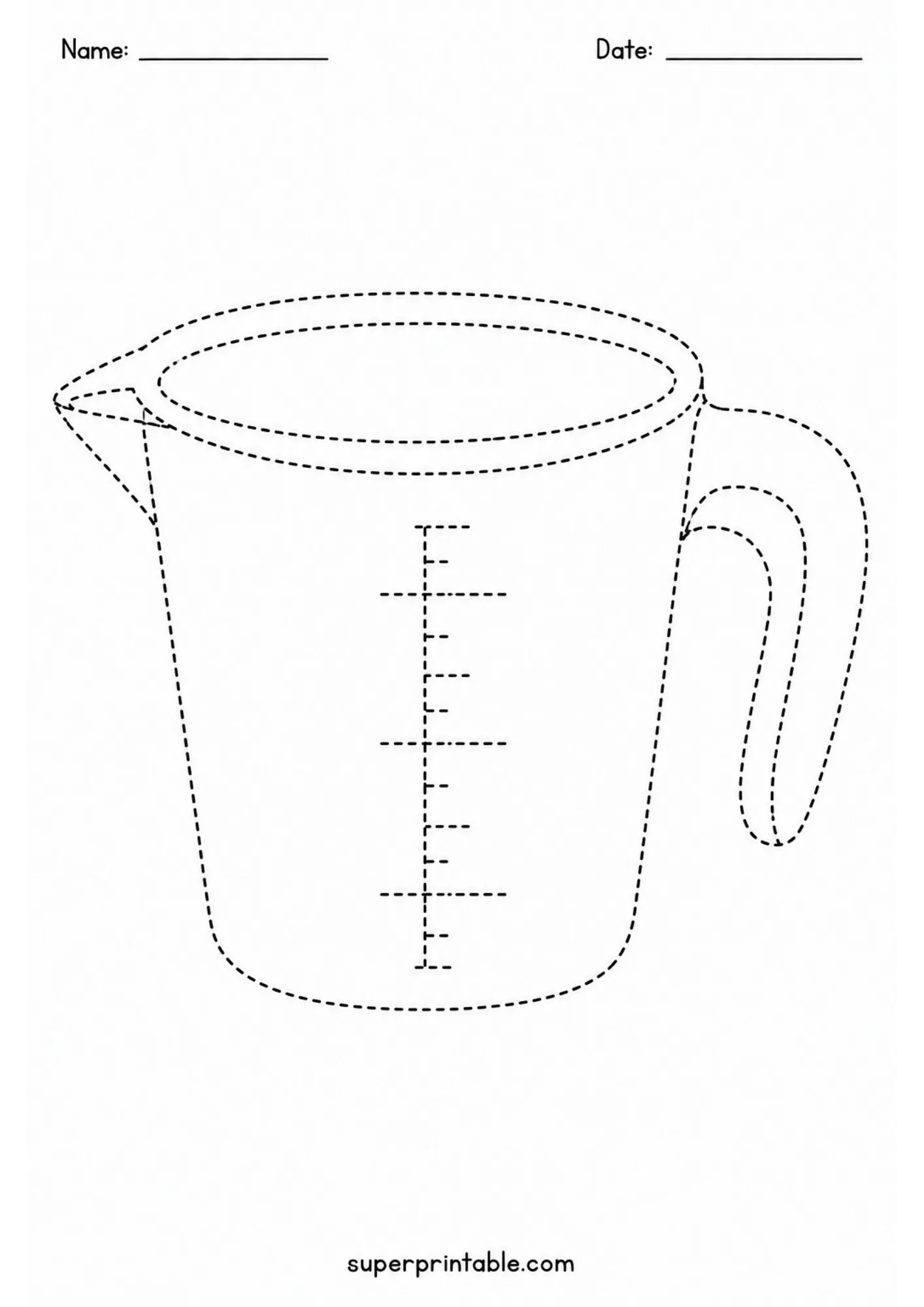 Measuring cup with volume measurement lines tracing worksheet for early math and motor skills.