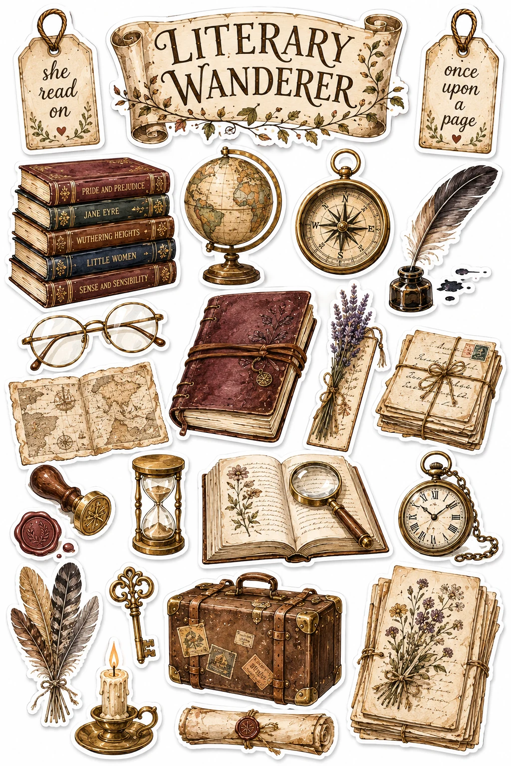 Literary Wanderer Leather Books Compass Sheet featuring reading nooks, vintage books, library aesthetic, and bookshop culture.