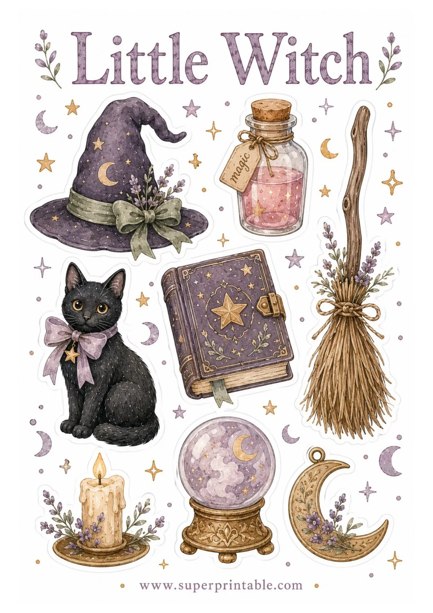 Printable magical witch sticker sheet featuring watercolor starry witch hat, potion bottle, broom, black cat, spellbook, candle, and crystal ball.
