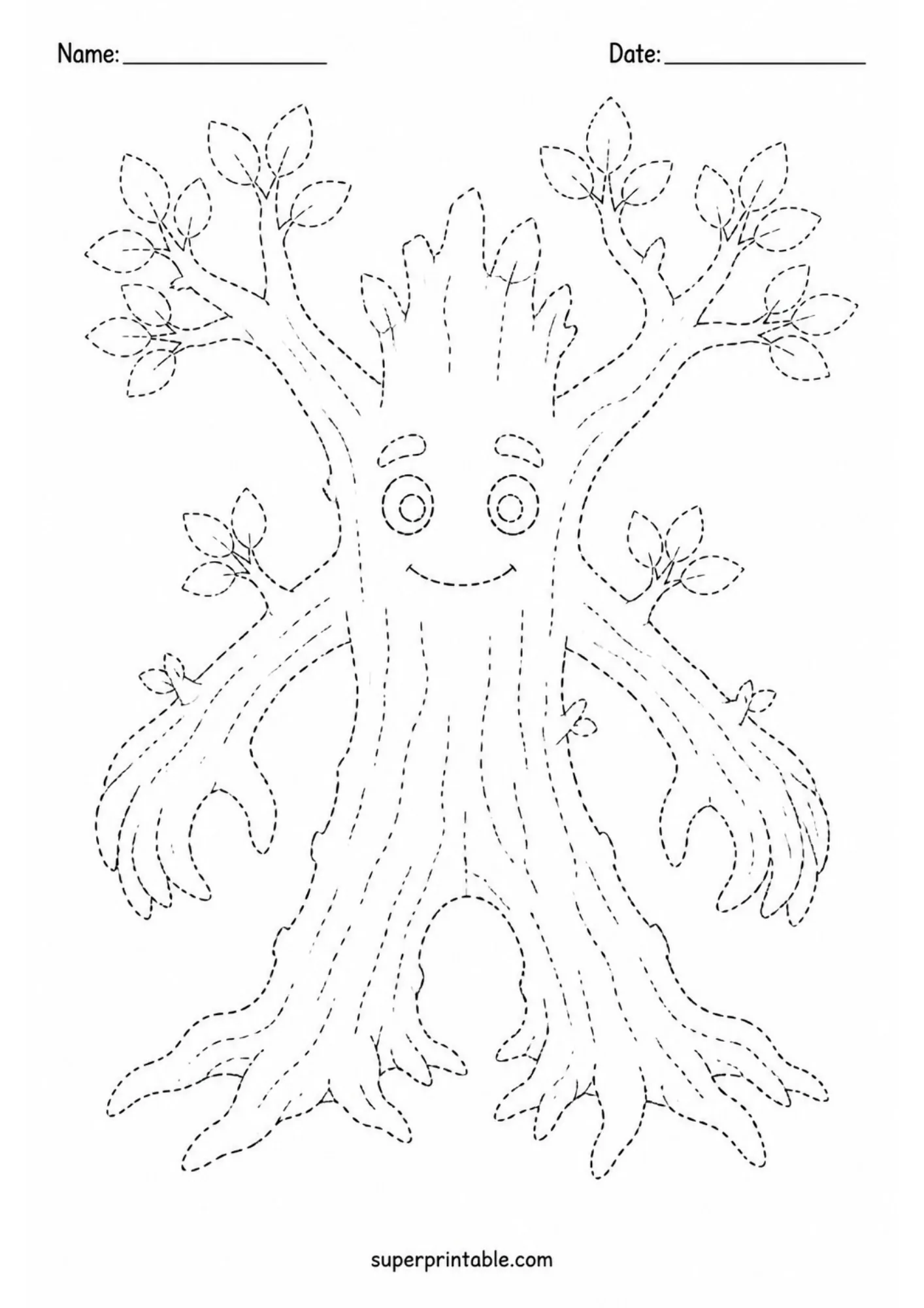 Worksheet for kids to trace a friendly living tree monster character with leaf branches and root feet.