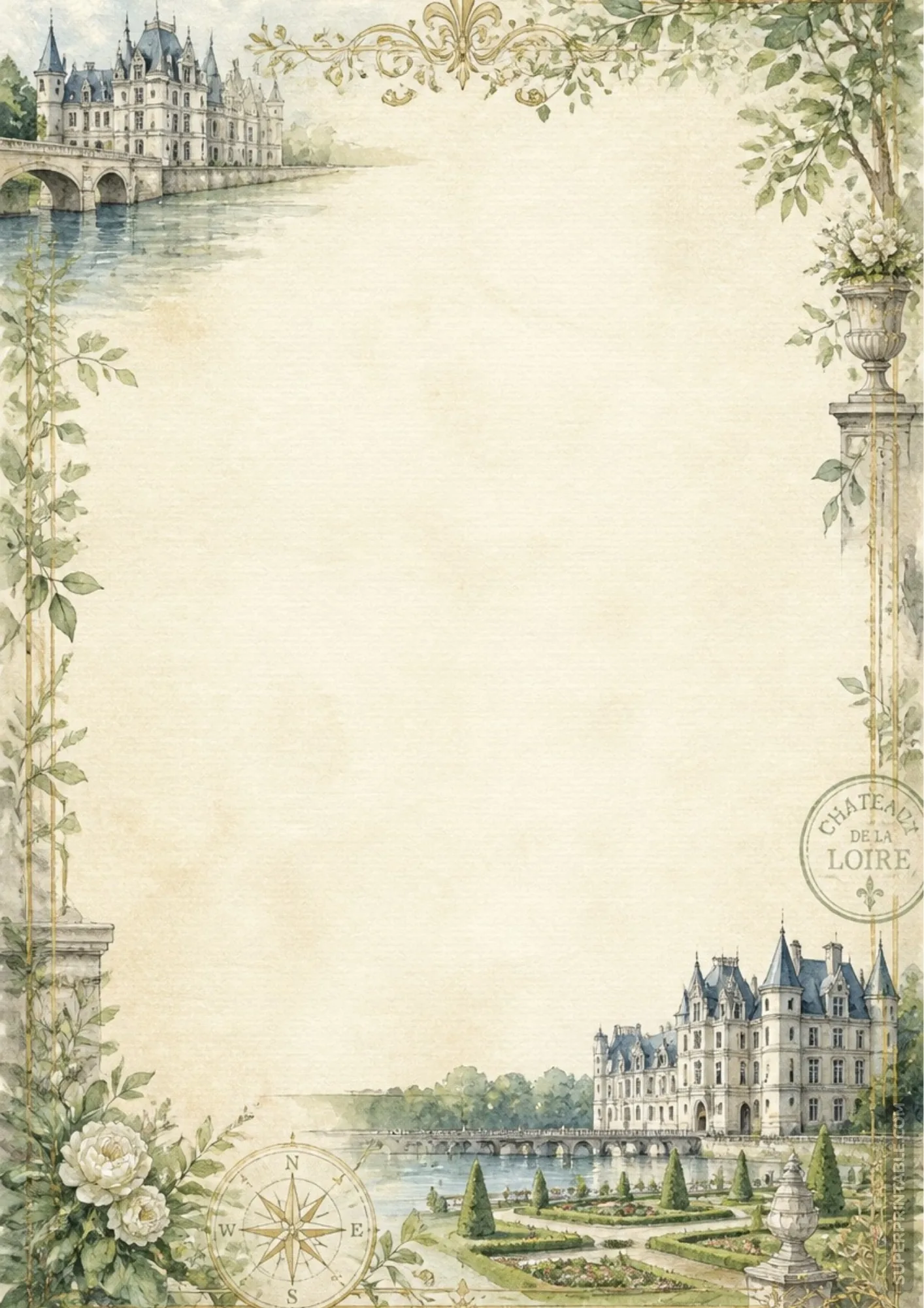 Chateau de la Loire watercolor stationery page with river bridge arch and white rose floral corners