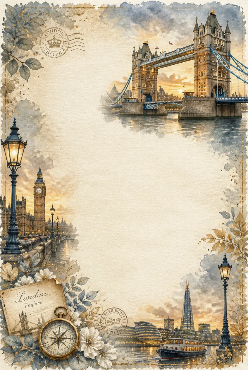 Thames river skyline stationery page border with watercolor London bridges and compass.