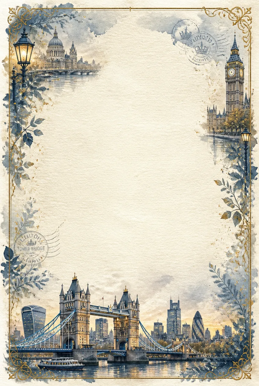 London landmark page border with watercolor artwork of Tower Bridge and Big Ben.