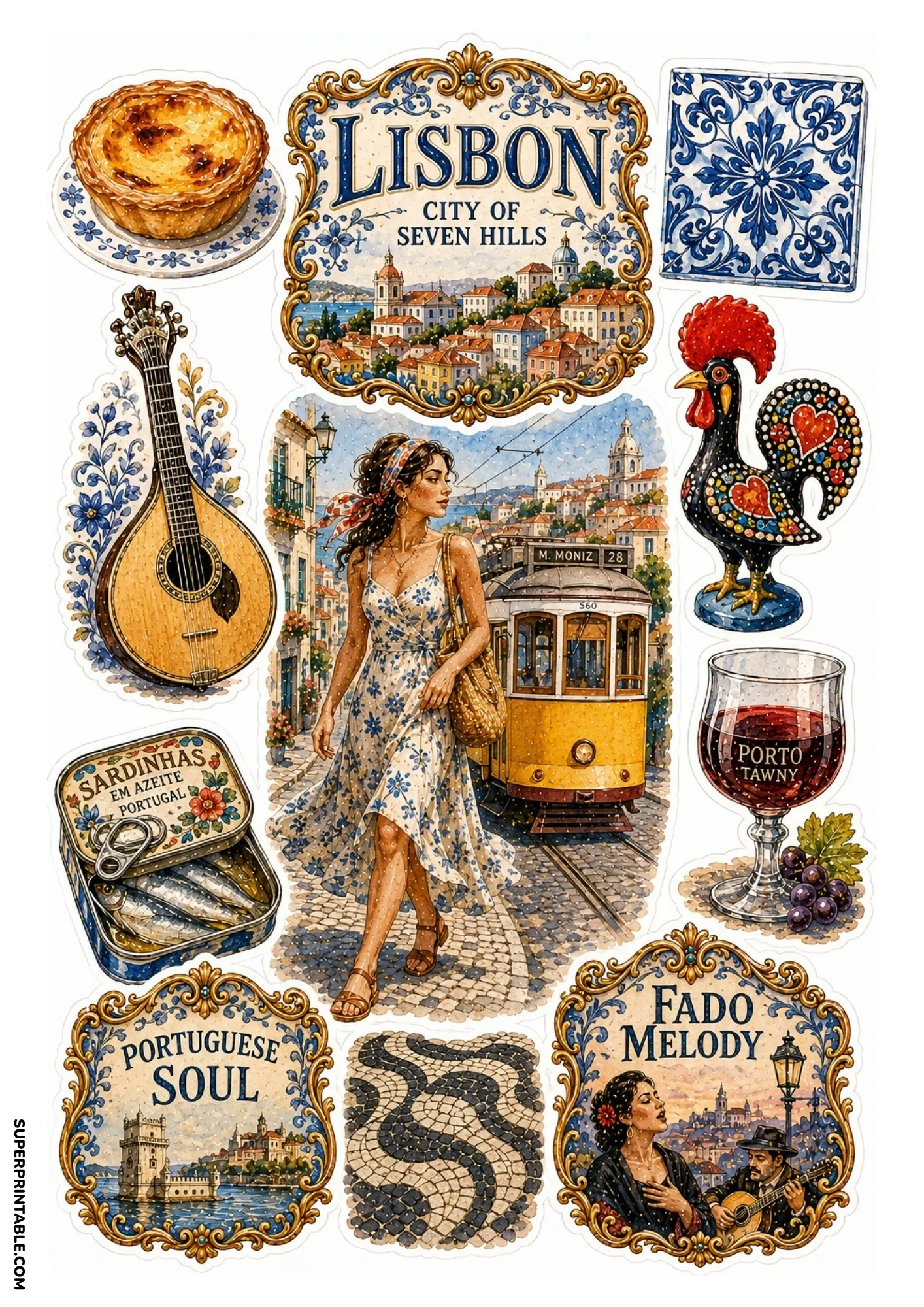 London travel sticker sheet showing Big Ben, red telephone box, and double decker bus