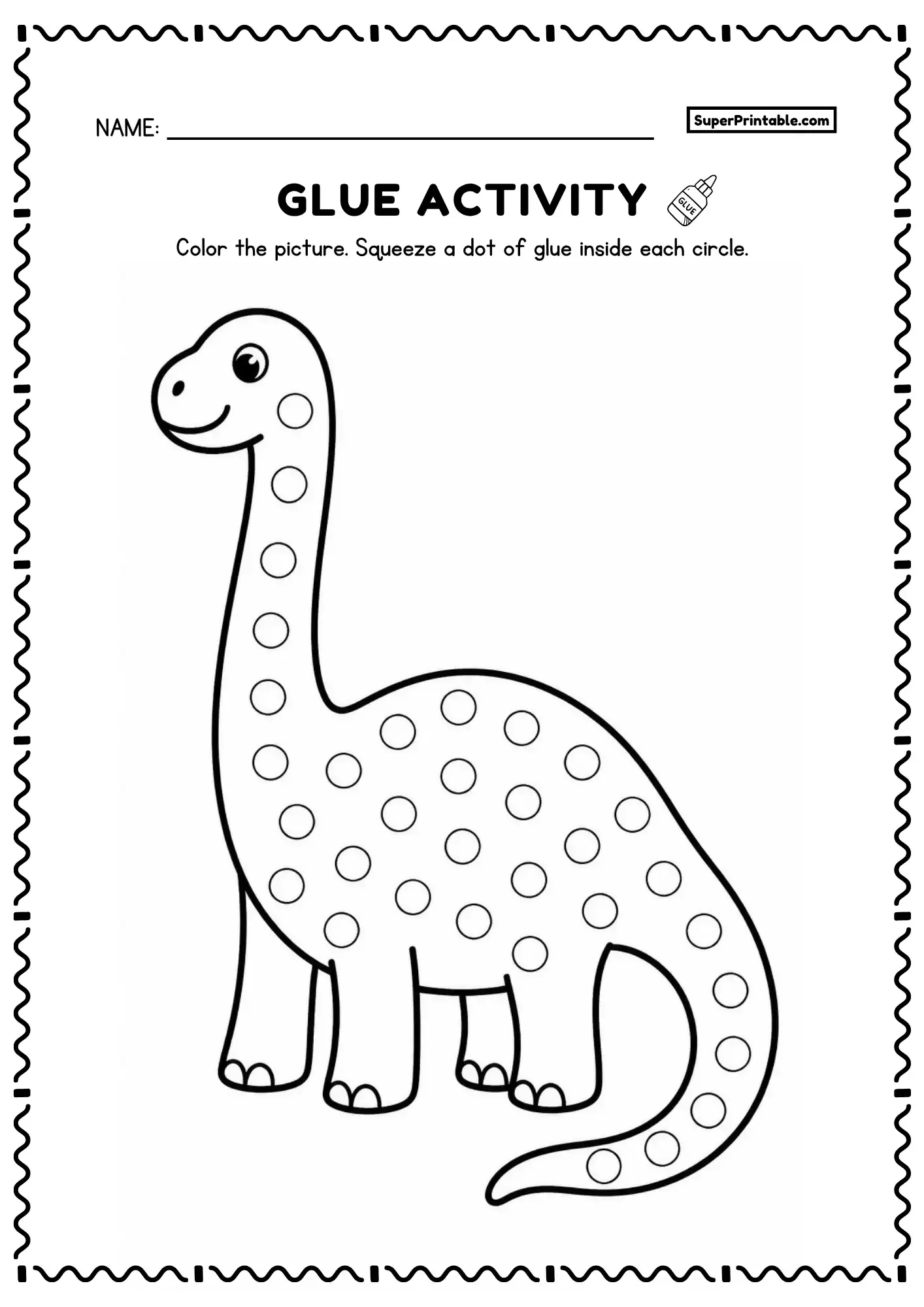 Long neck dinosaur activity page with empty glue circles on the neck, body, and tail