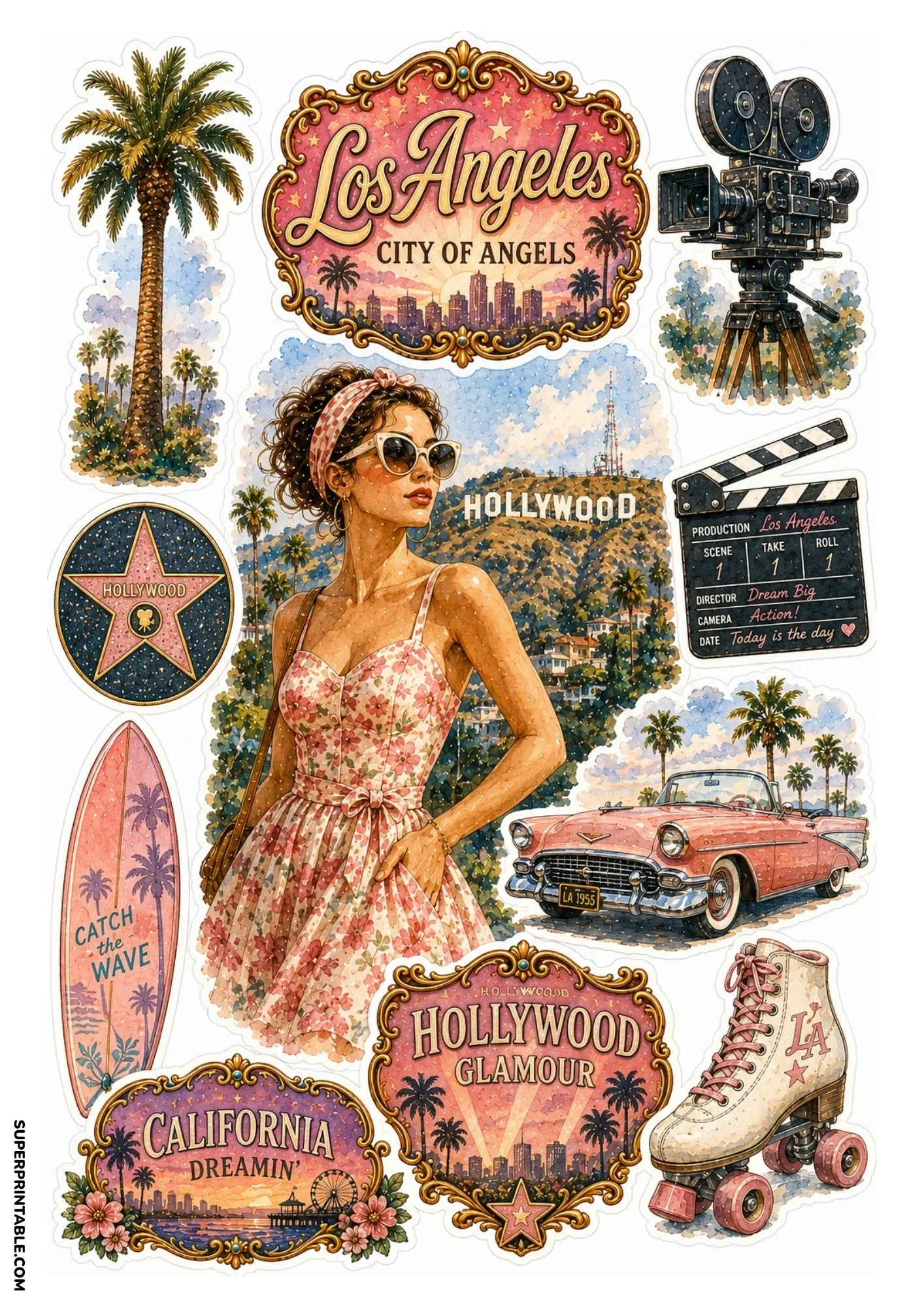 Los Angeles city sticker sheet featuring Hollywood star, palm trees, and surfboard