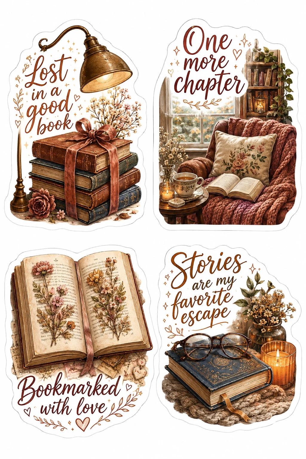 Lost In Good Book One More Chapter Sheet featuring cozy reading nooks, vintage library books, armchair reading, and bookshop aesthetics.