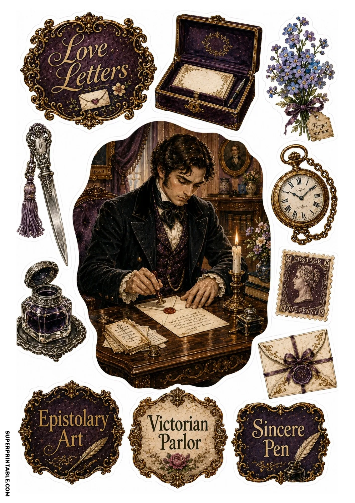 Victorian gentleman sealing a handwritten love letter with red wax surrounded by pocket watch and inkwell.