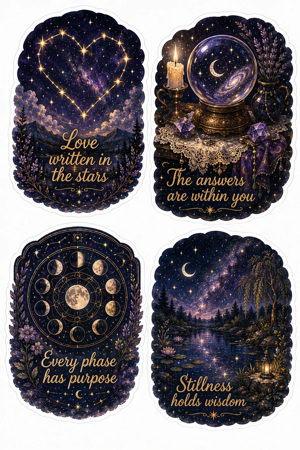 Love Written In Stars Answers Within Sheet featuring celestial aesthetic, cosmic magic, moon phases, tarot cards, and astrology.