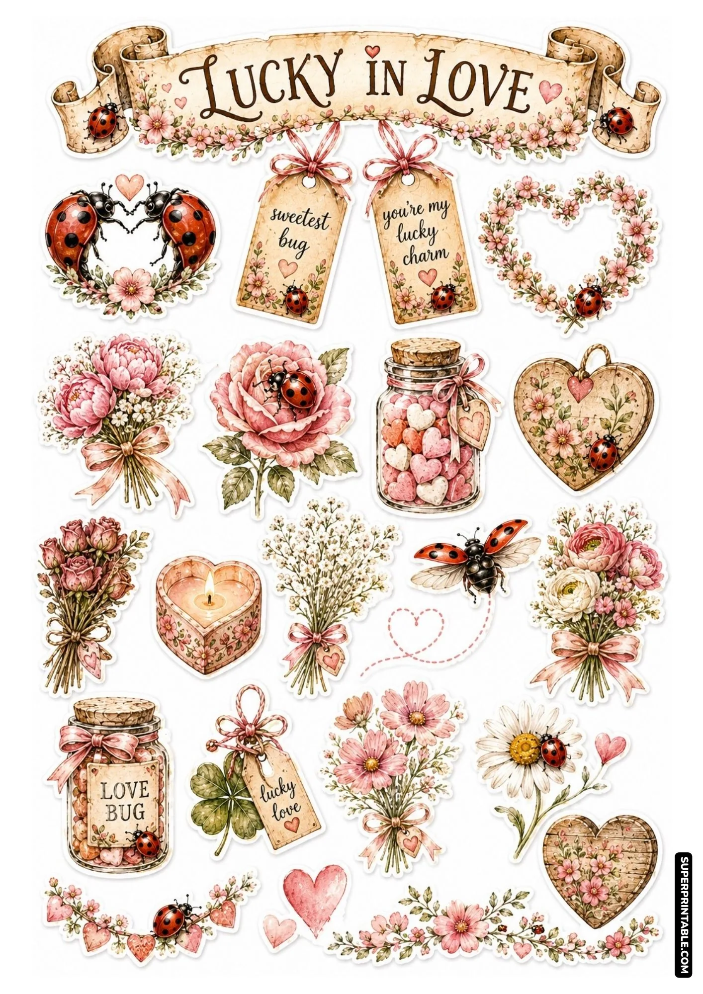 Romantic Valentine ladybug sticker sheet featuring heart wreaths, candy jars, blush pink peonies, and sweet love bugs.