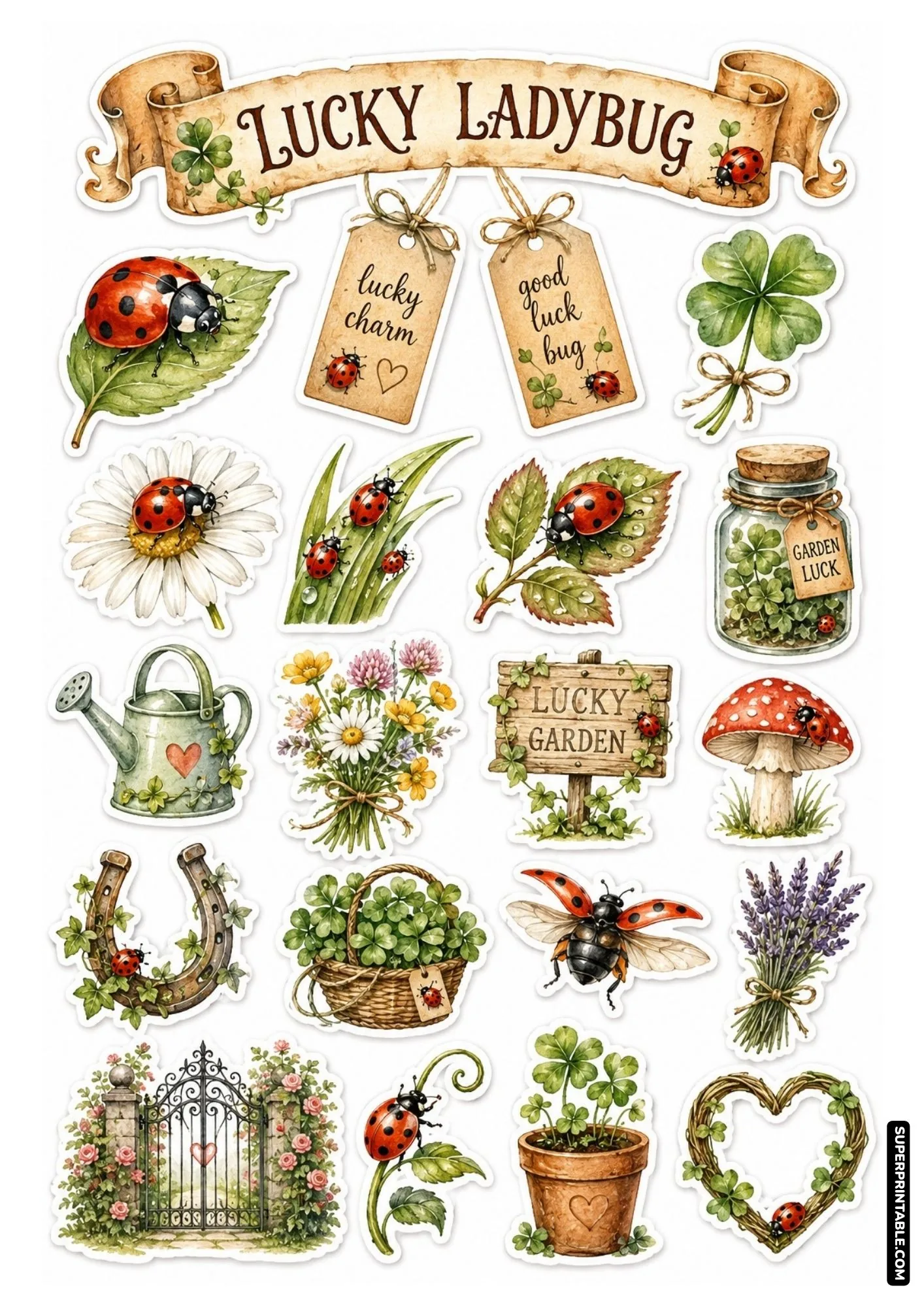Printable ladybug garden sticker sheets with lucky clovers and vintage botanical accents.