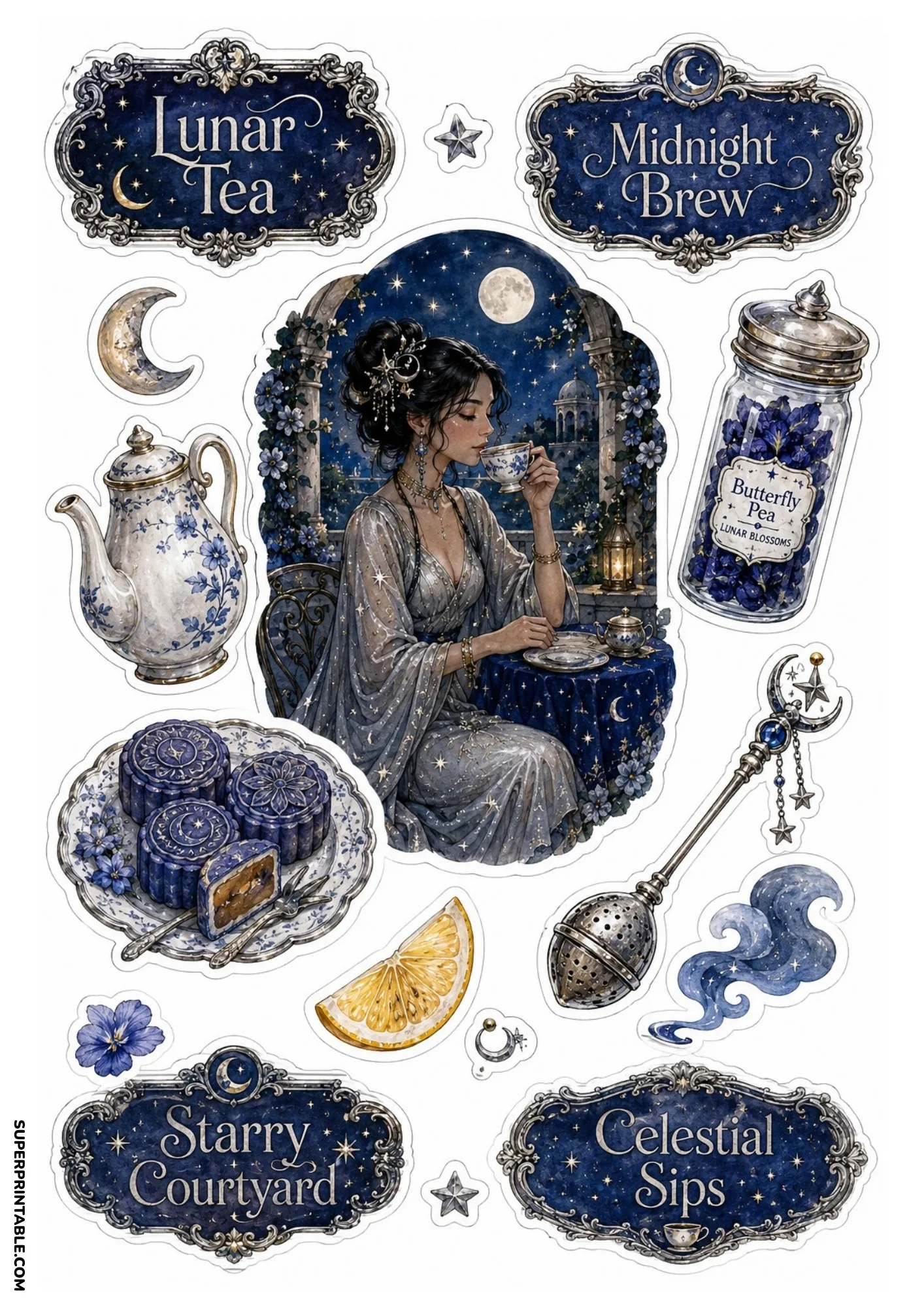 Evening tea ritual under full moon with porcelain teapot, butterfly pea flowers, mooncakes, and starry courtyard badges.