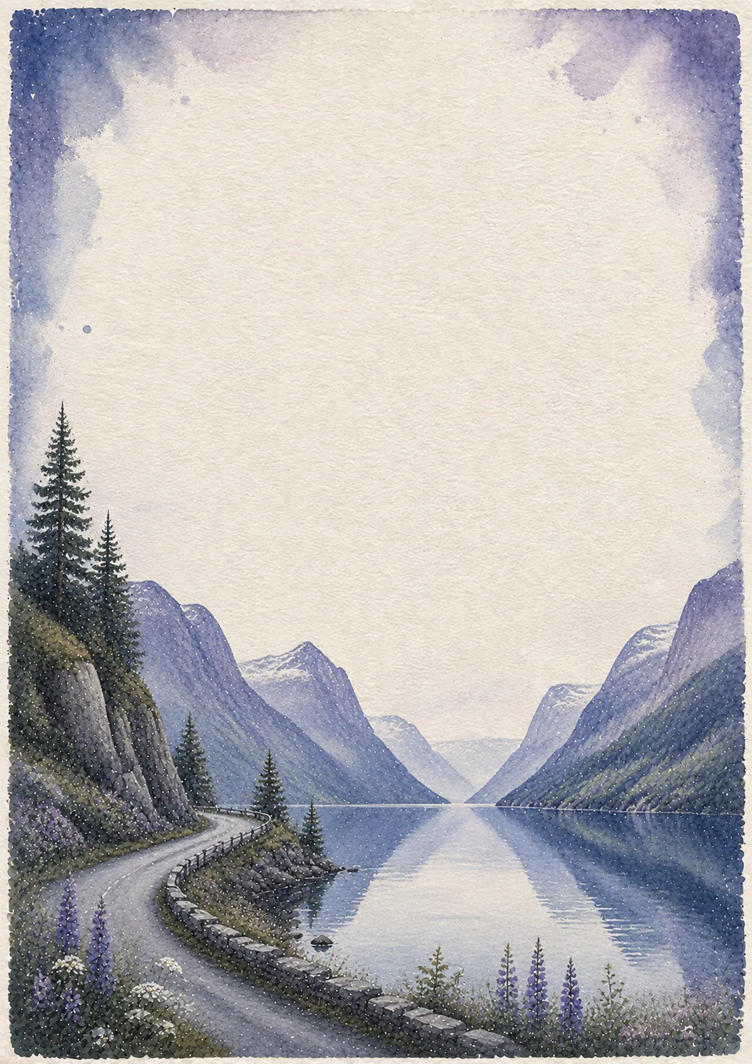 Purple washed watercolor border highlighting blooming lupines beside a quiet road with fjord reflections.
