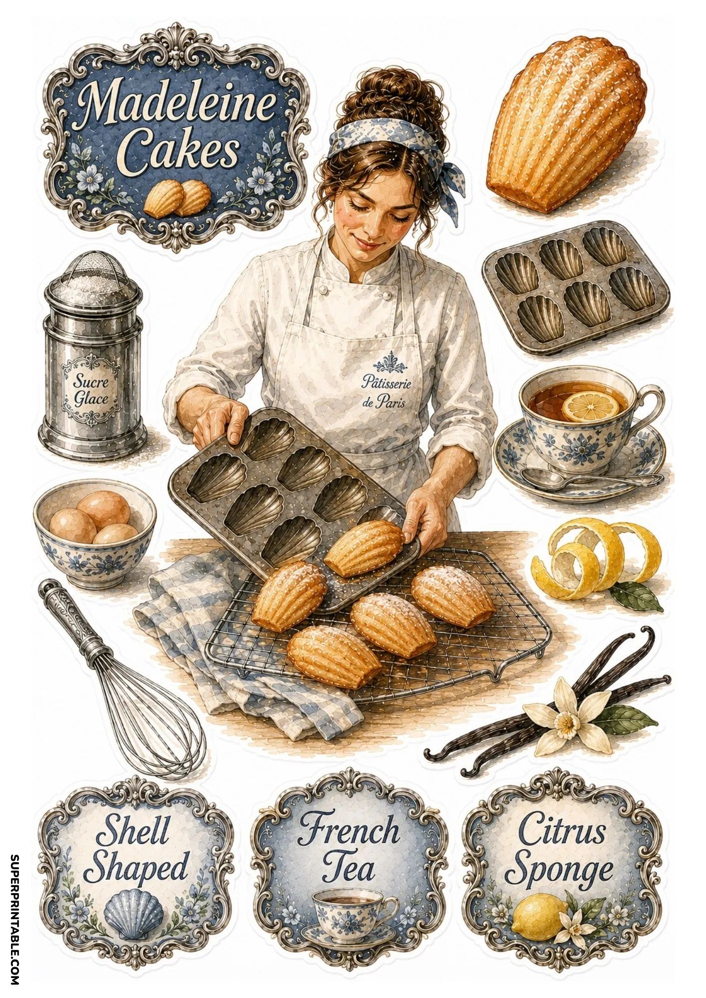Madeleine cake sticker sheet showing a baker with a shell baking pan, dusted cakes, tea cup, and sugar shaker.