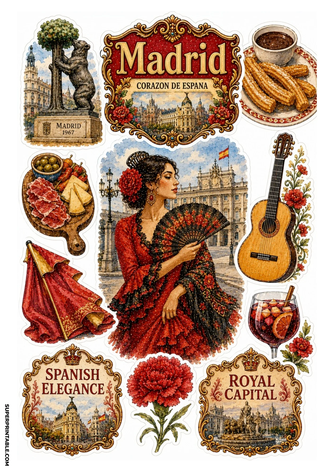 Printable Madrid sticker sheet showing Bear statue, churros, and flamenco dancer