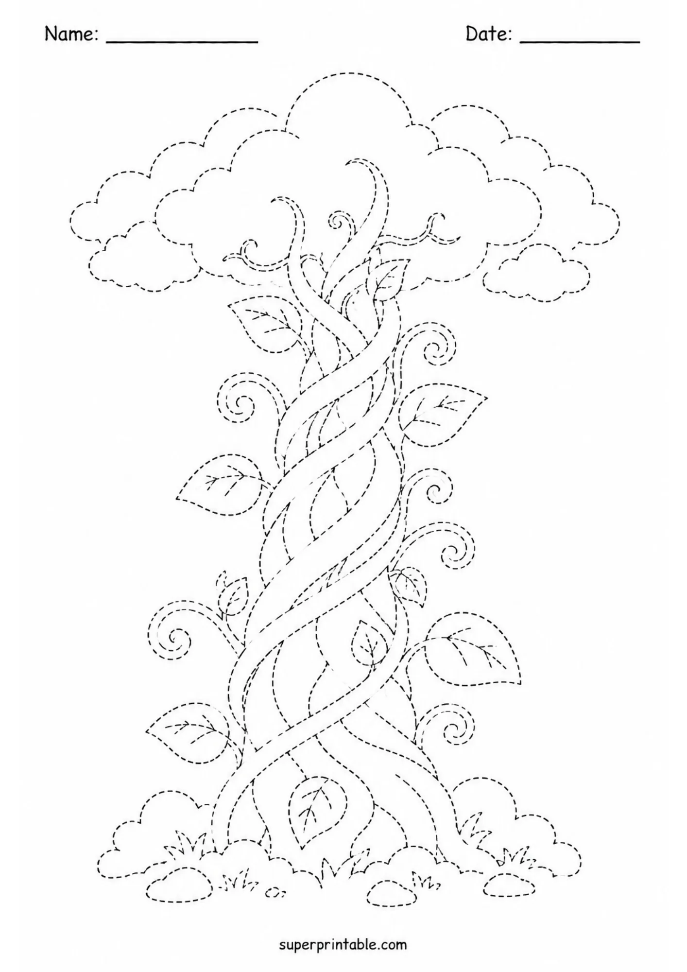 Twisting fairytale magic beanstalk reaching into clouds printable tracing worksheet for early childhood skill building.
