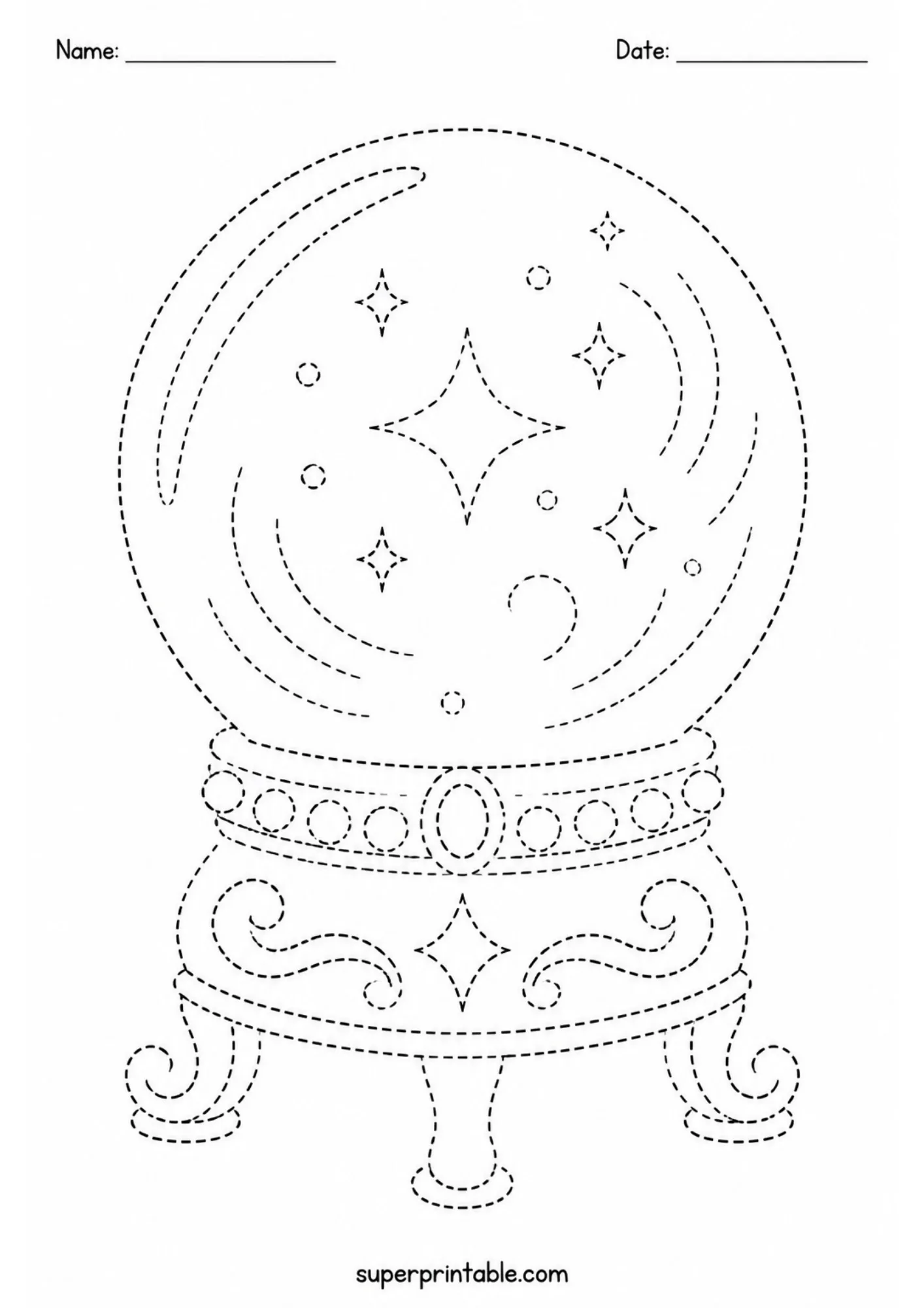 Magic crystal ball with sparkling stars sitting on a detailed ornate stand in dashed lines.