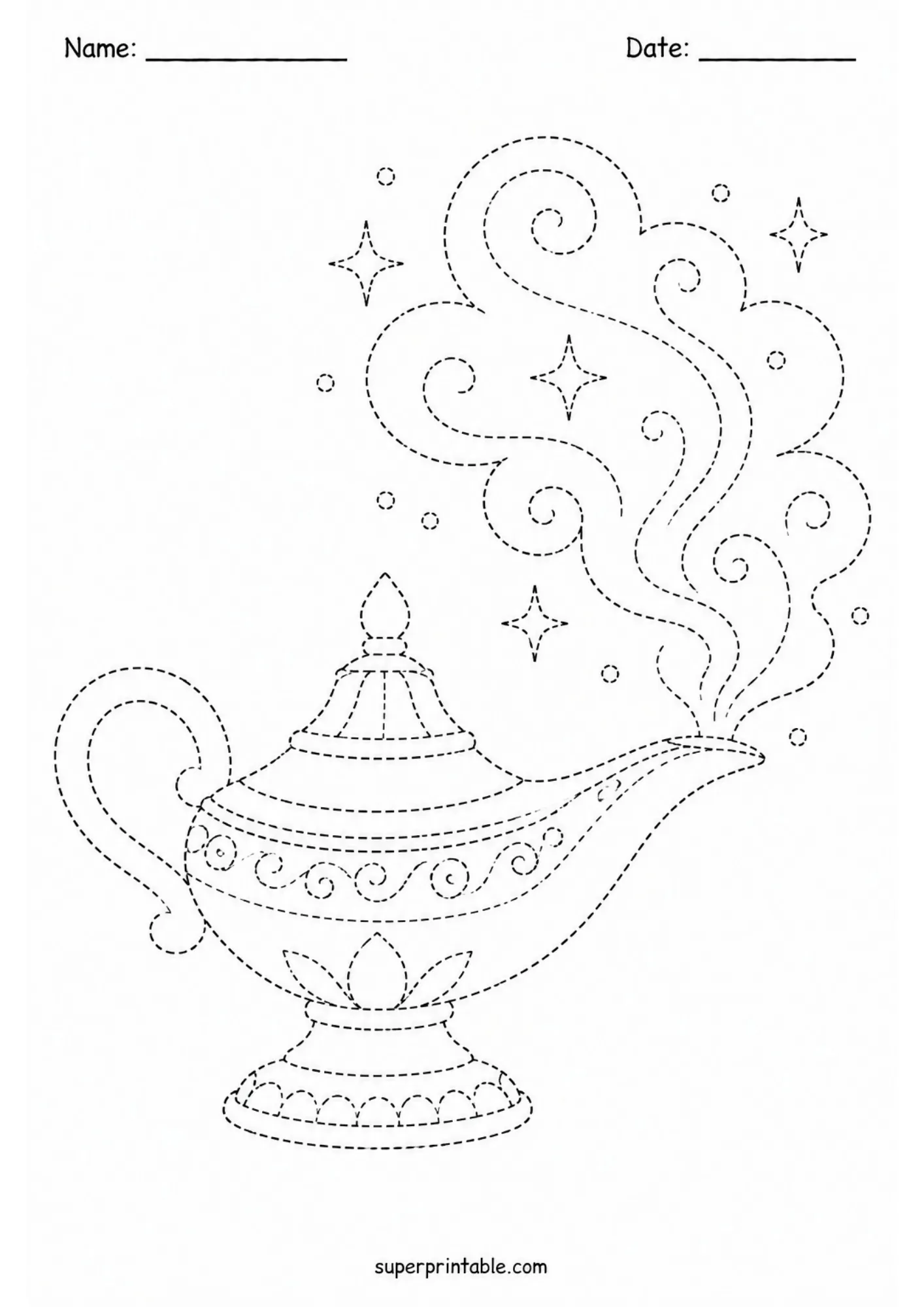 Fairytale characters activity worksheets genie magic lamp line tracing sheet with swirling magical smoke patterns.