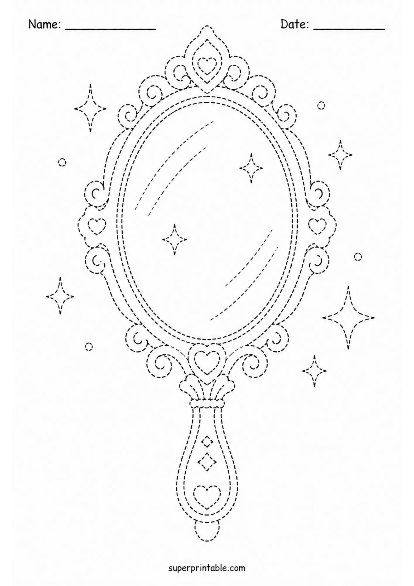 Ornate fairytale magic mirror printable line tracing sheet suitable for early childhood handwriting preparation.