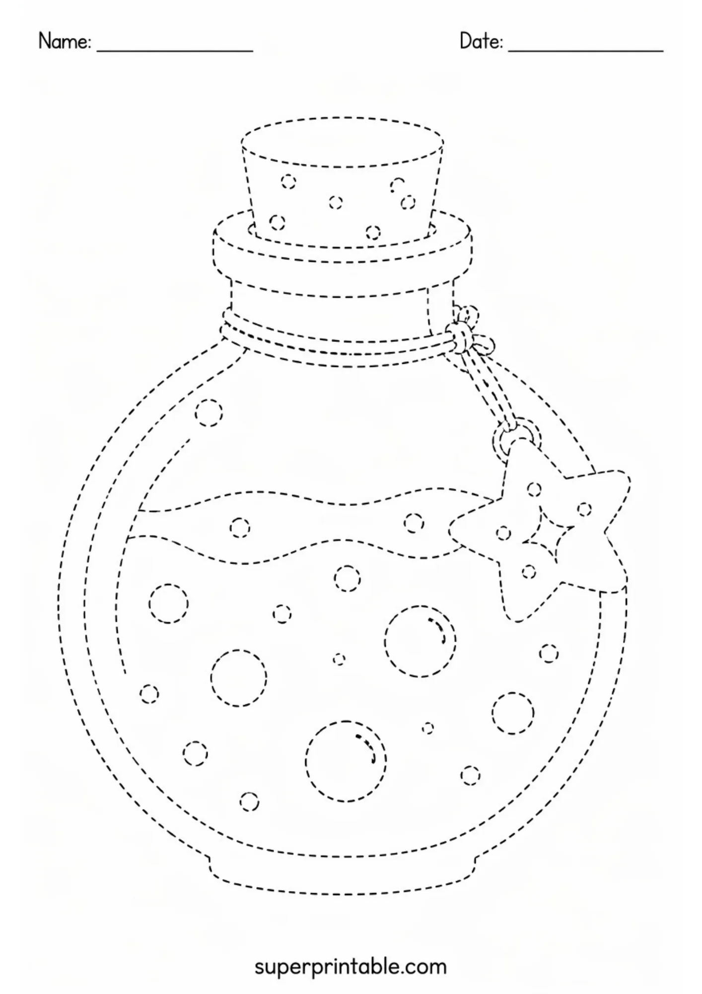 Round magic potion bottle with cork stopper and star charm rendered in dashed line art.