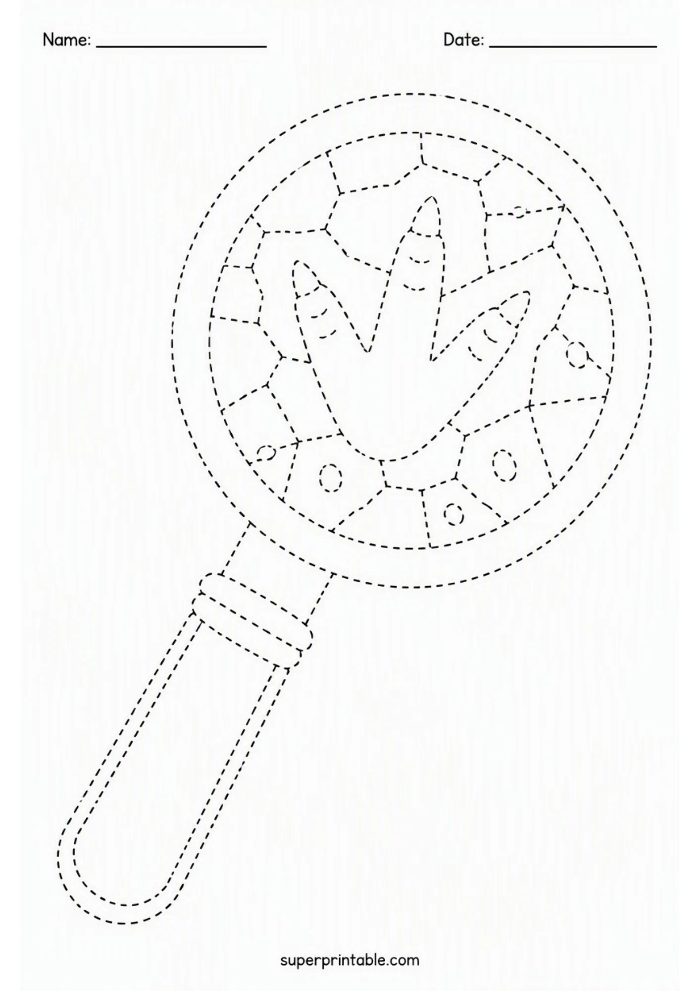Dino fossils activity worksheets featuring a footprint under magnifying glass.