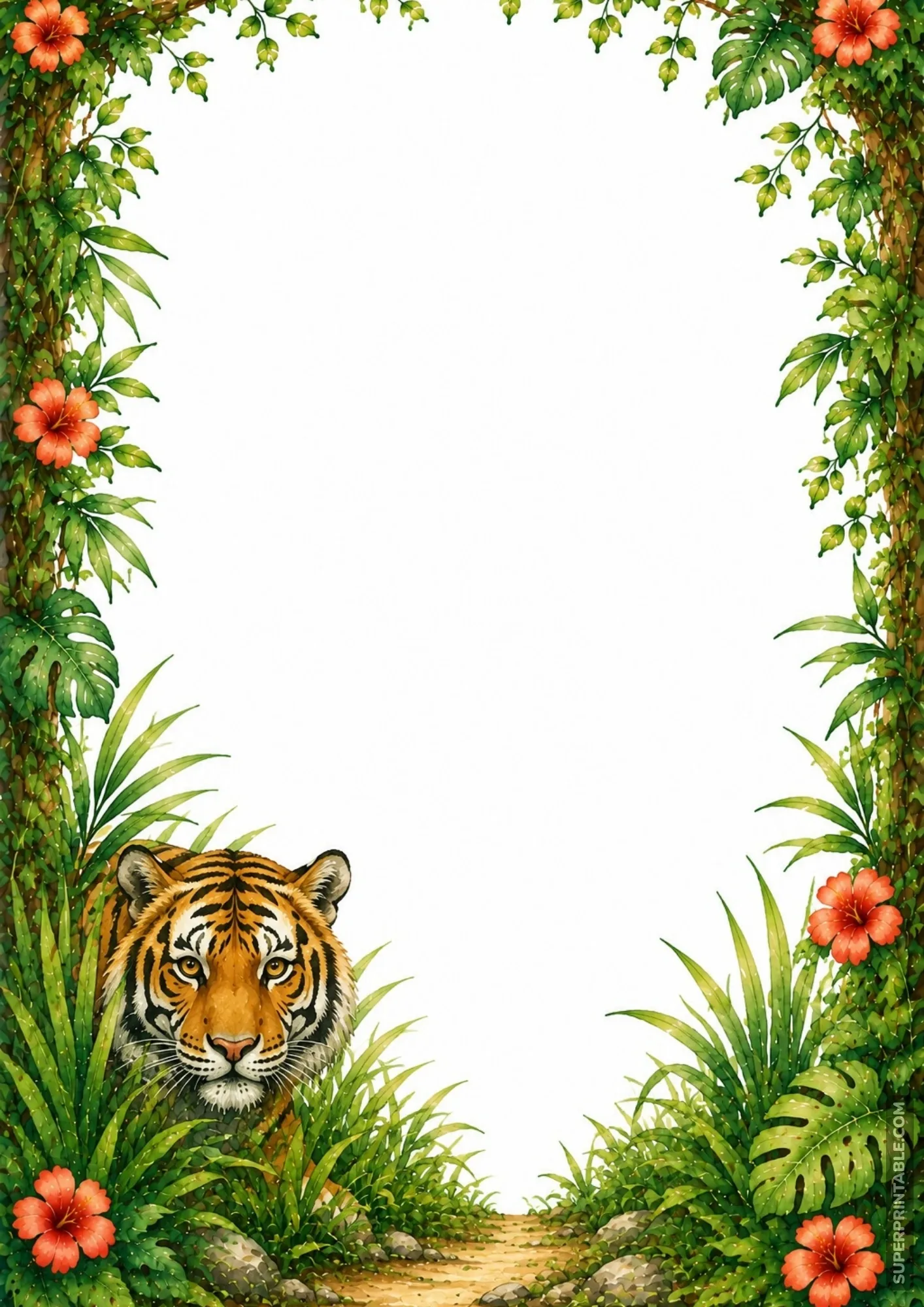 Lush zoo colored border pages showcasing a majestic Bengal tiger emerging from dense jungle foliage.