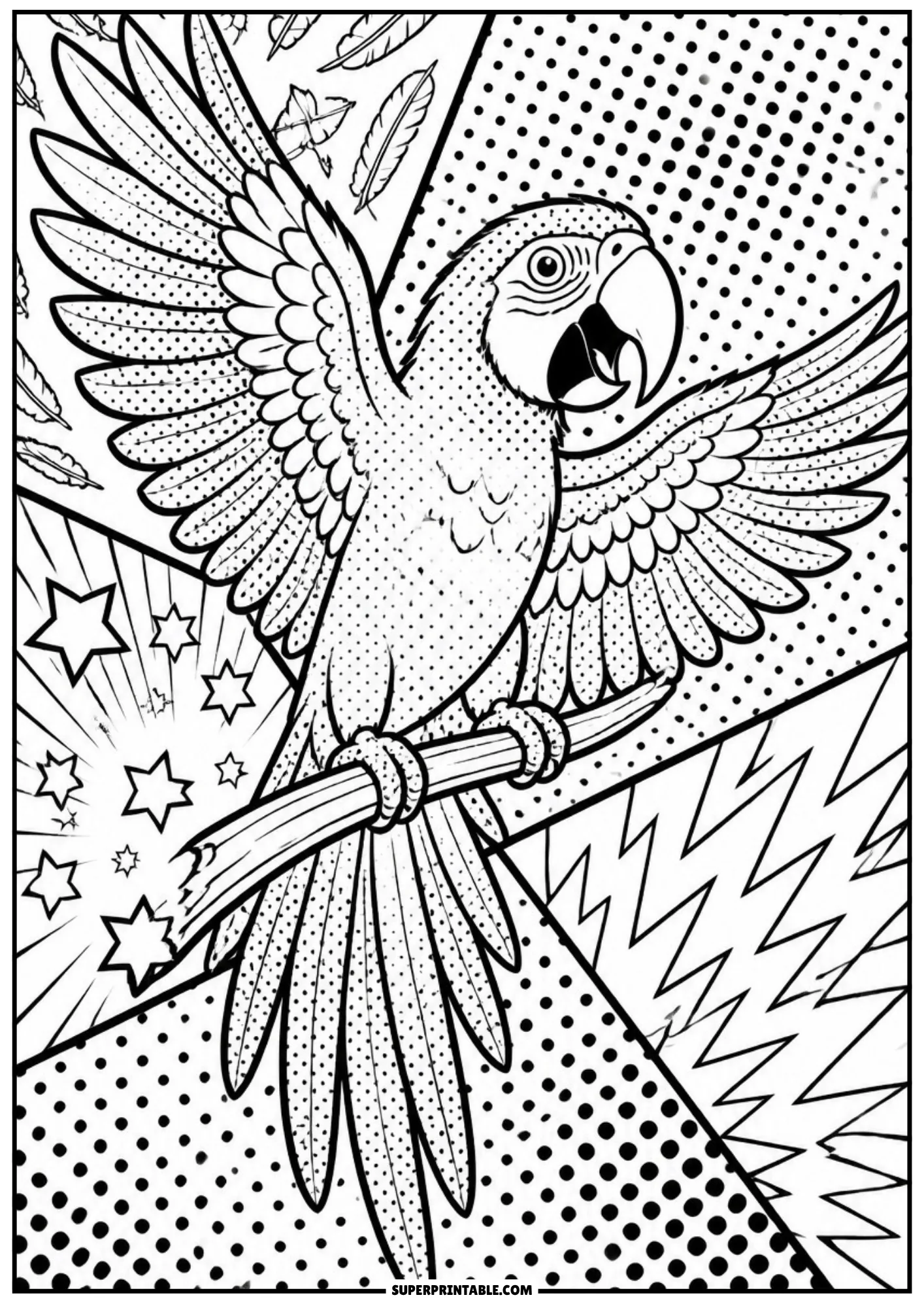 Spreading wings macaw parrot perched on a branch framed by pop art halftone panels and feathers.