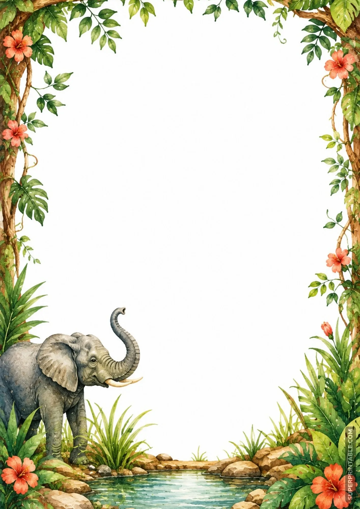 Grey elephant with raised trunk standing by a jungle stream within a vine-draped wooden frame.