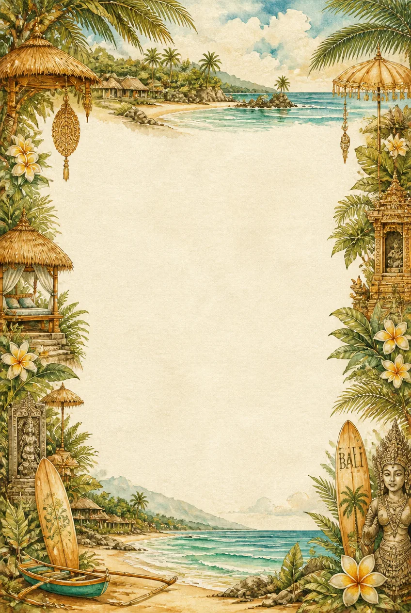 Overwater wooden villas and turquoise lagoon watercolor border around a blank writing sheet.
