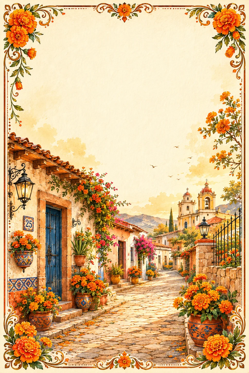 mexican pueblo border paper with vibrant orange marigold pots decorating a cobblestone street.