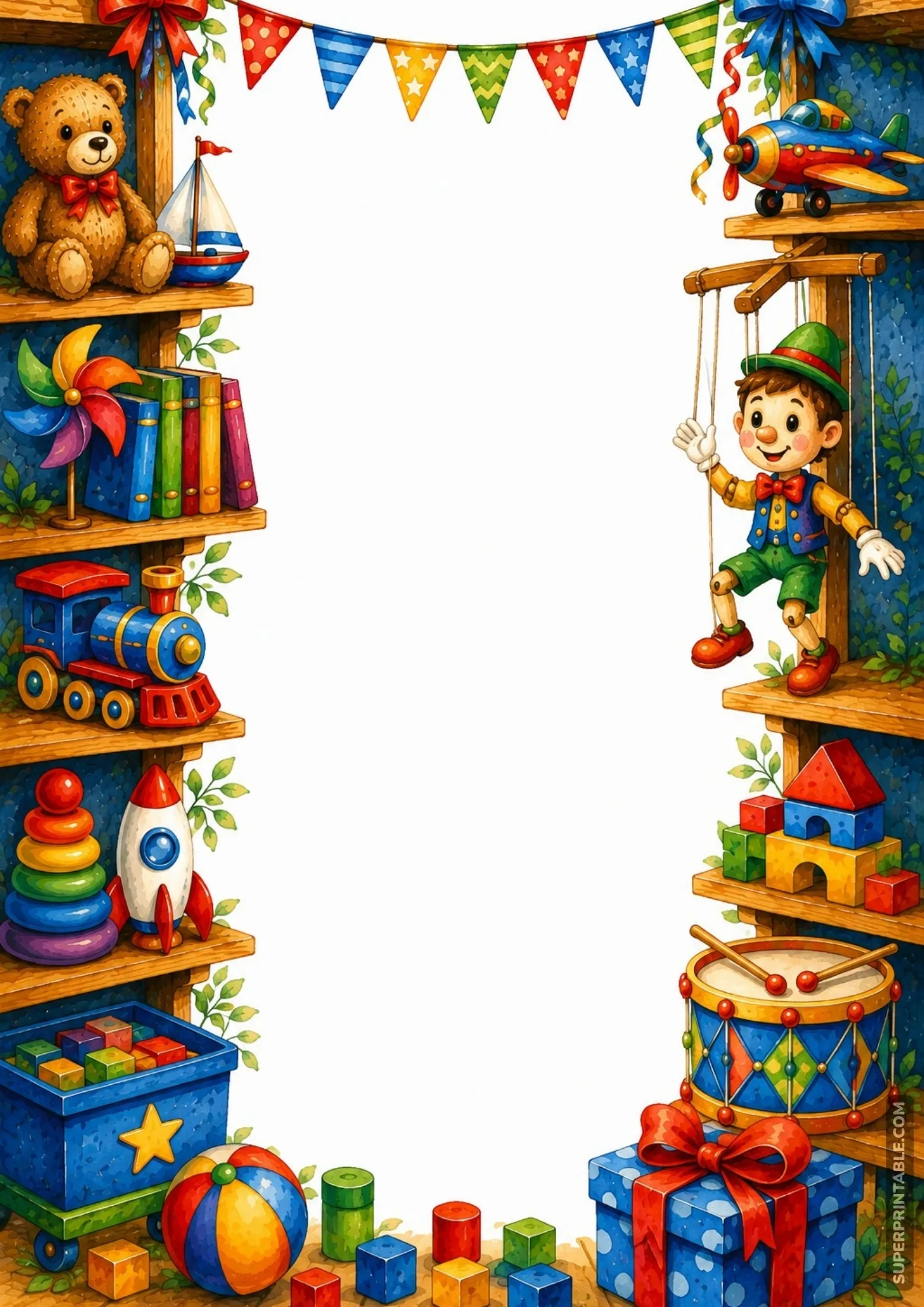 Border design with a wooden marionette puppet and a colorful toy snare drum.
