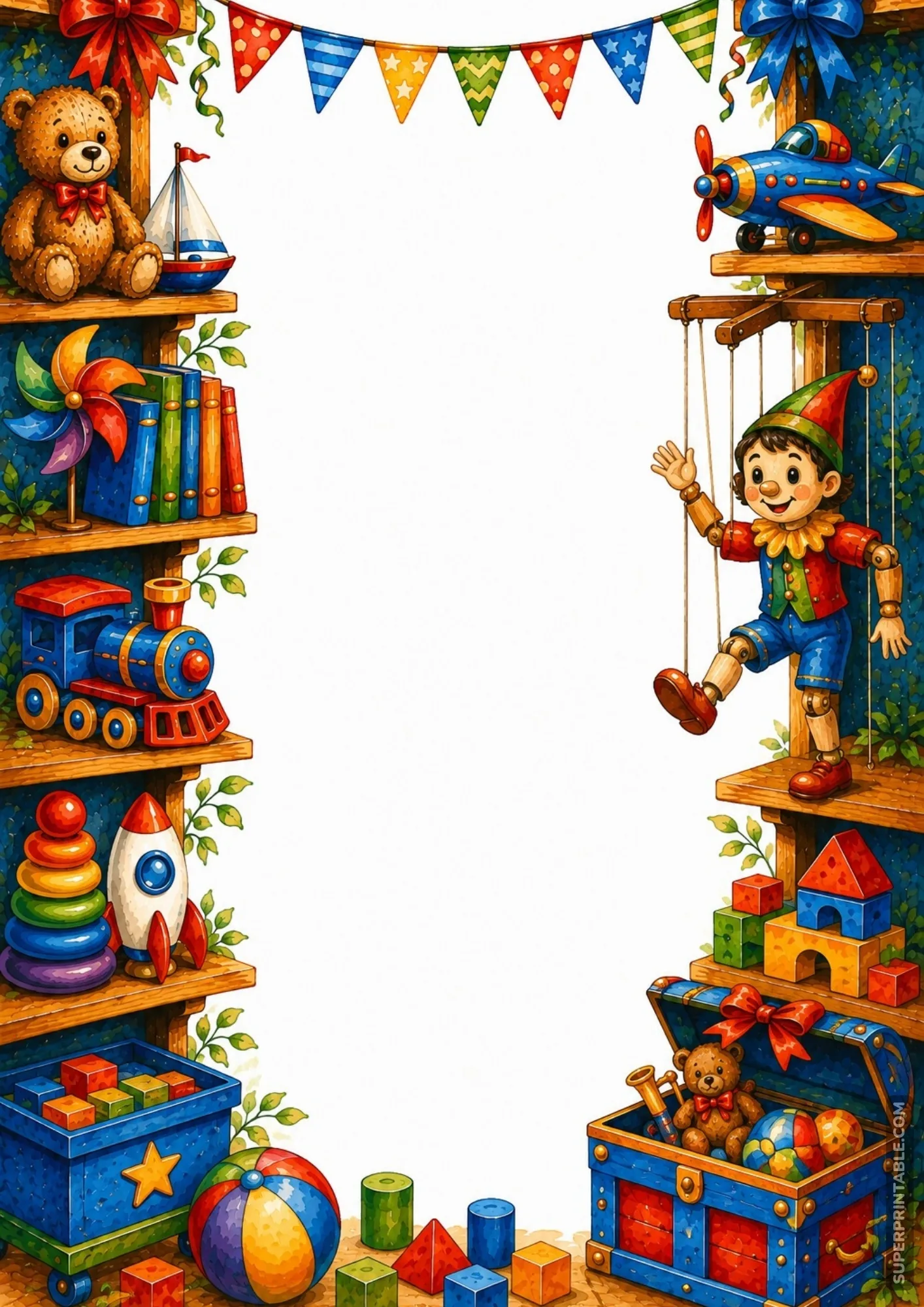 Charming page border featuring a marionette puppet over an open blue toy chest.