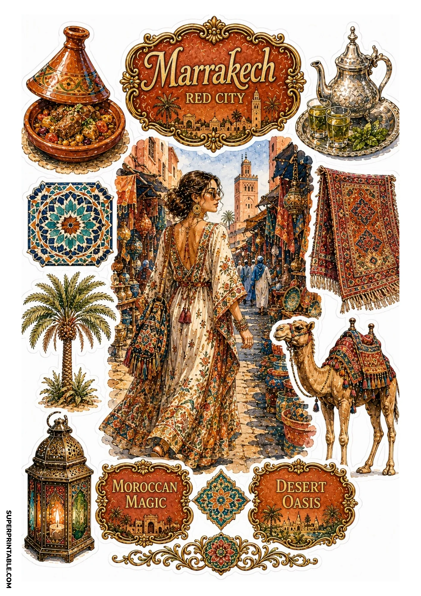 Marrakech sticker sheet displaying Moroccan lanterns, tagine, and desert camel