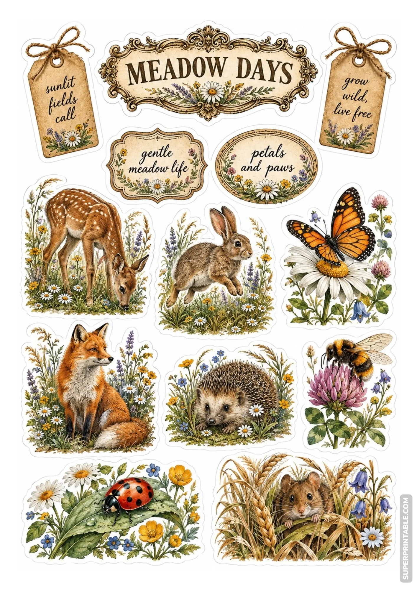 Spring meadow wildlife sticker sheet showing vintage butterflies, rabbits, foxes, and bees.