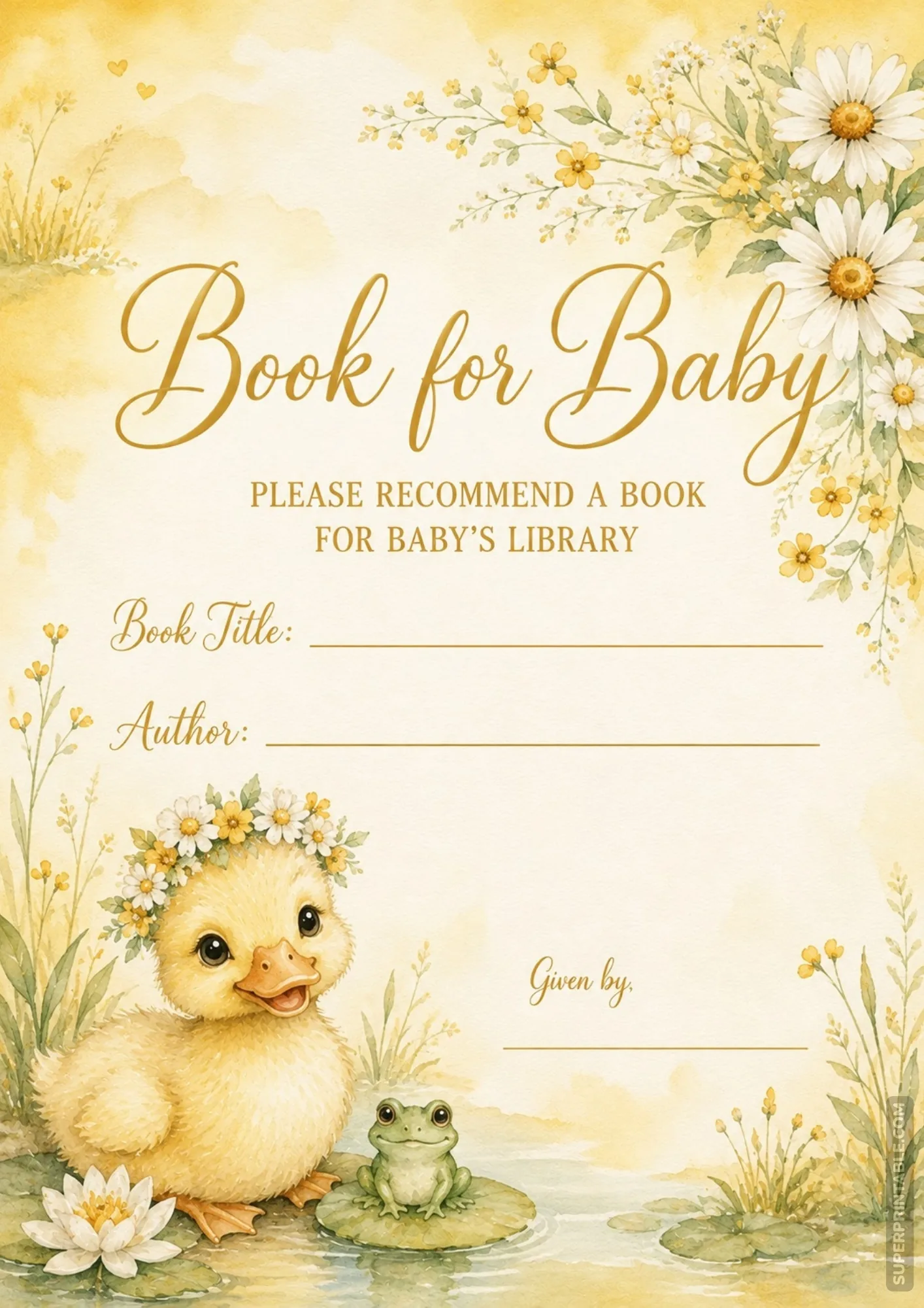 Sunny yellow meadow baby shower book request card featuring duckling with daisy crown and green frog.