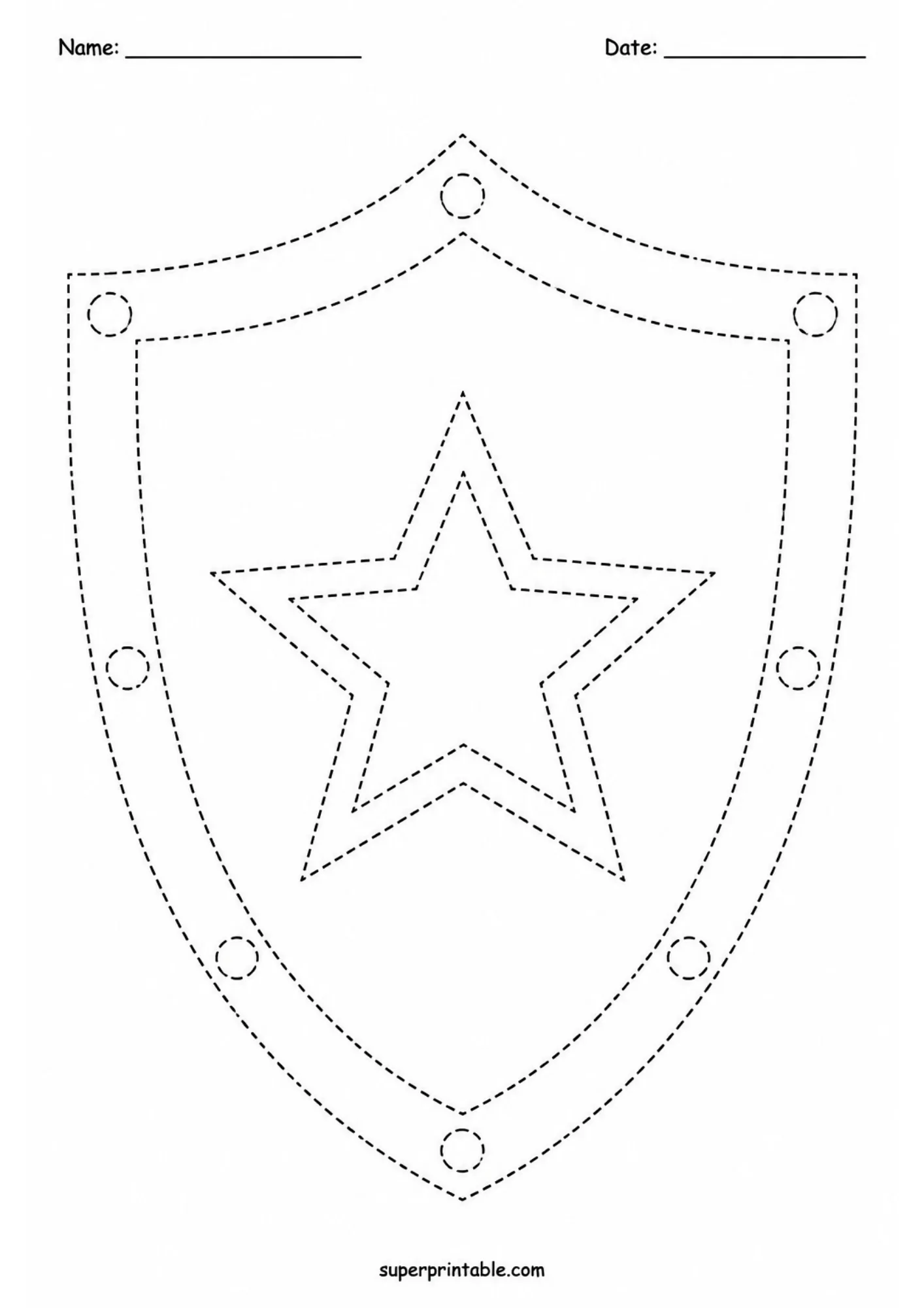 Printable medieval shield with dotted lines for tracing practice.
