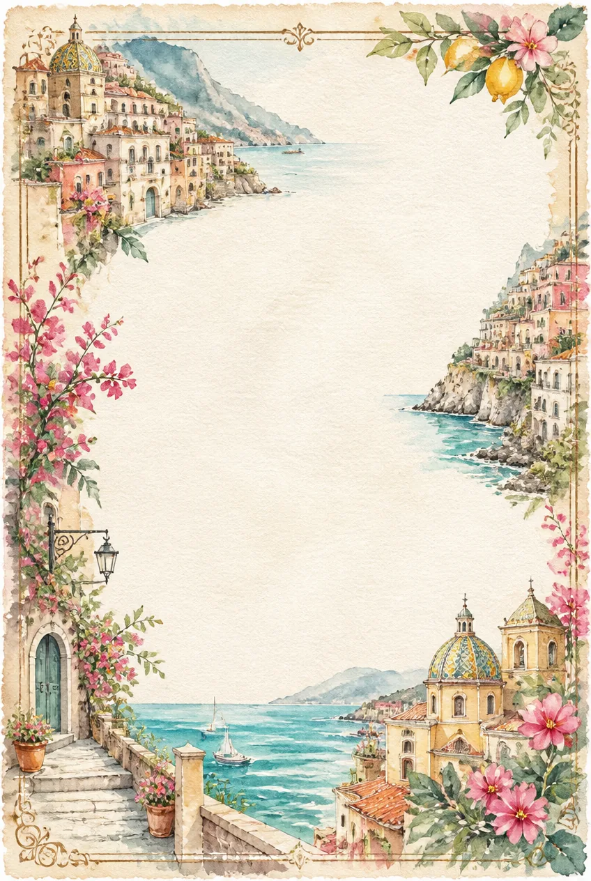 Watercolor Mediterranean coastal town frame on stationary paper with a blank center for writing.