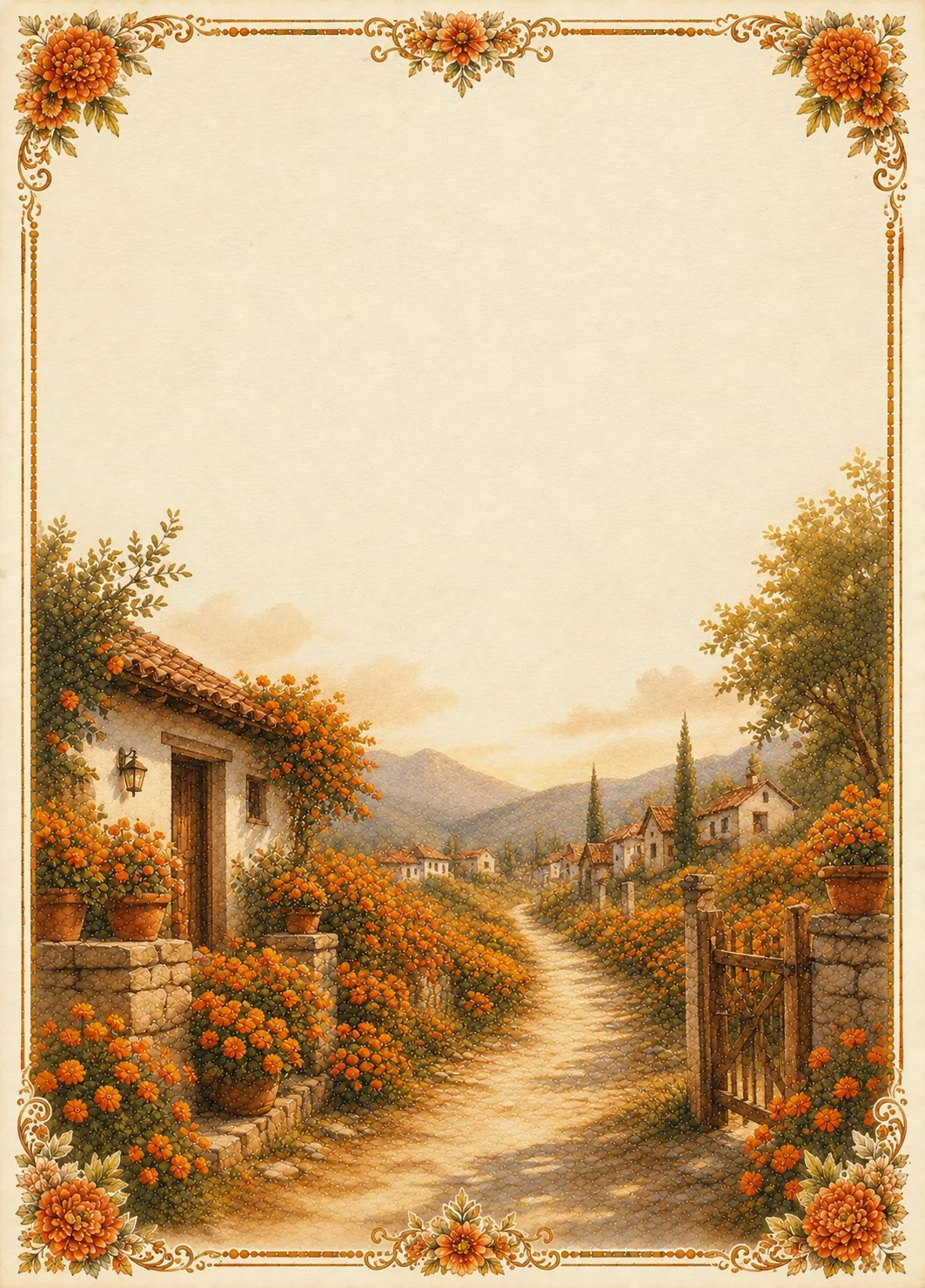 Cobblestone path through flowering cottages with ornamental floral frame.