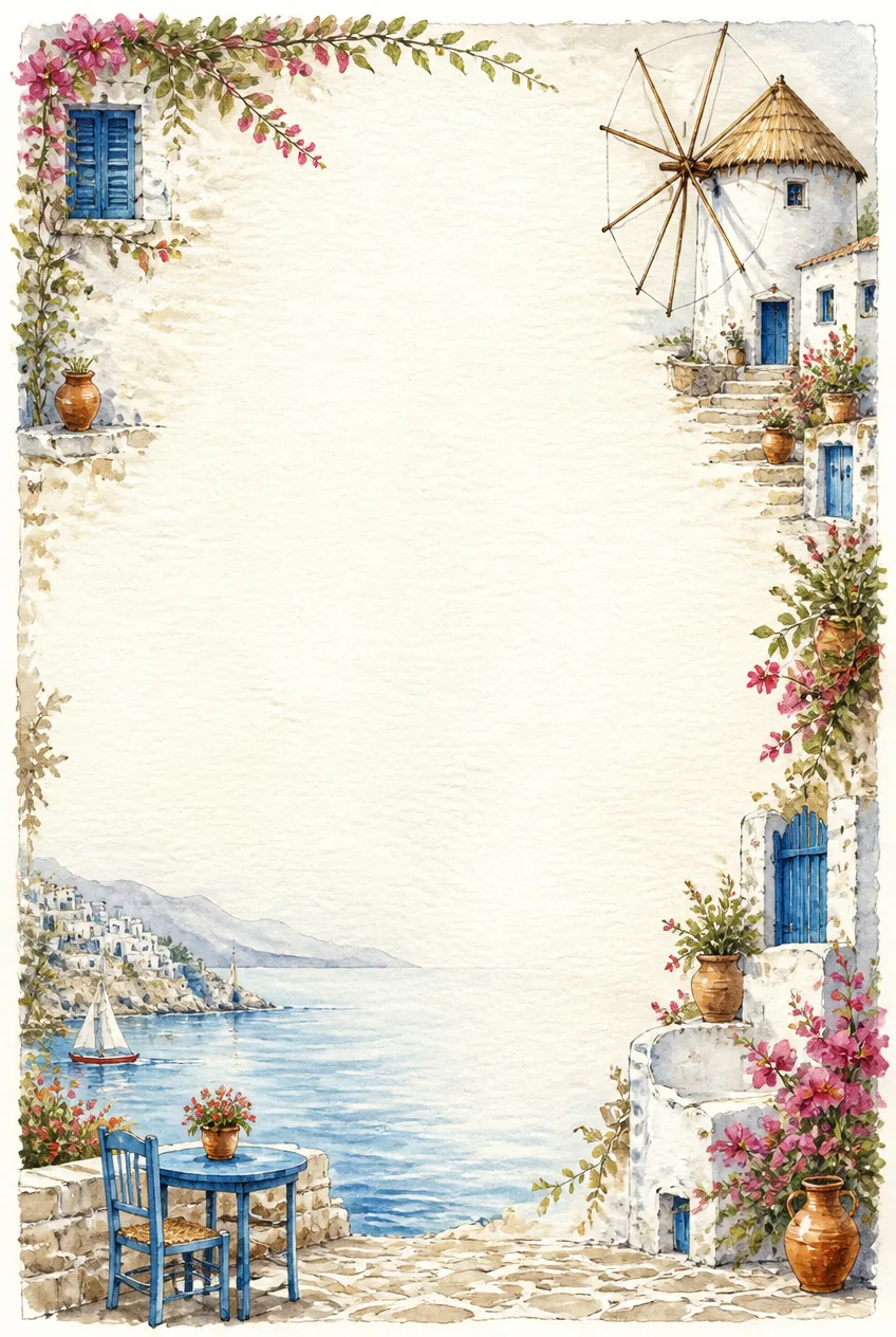 Aegean coastal border featuring a white windmill, blue terrace table, and pink flowers.