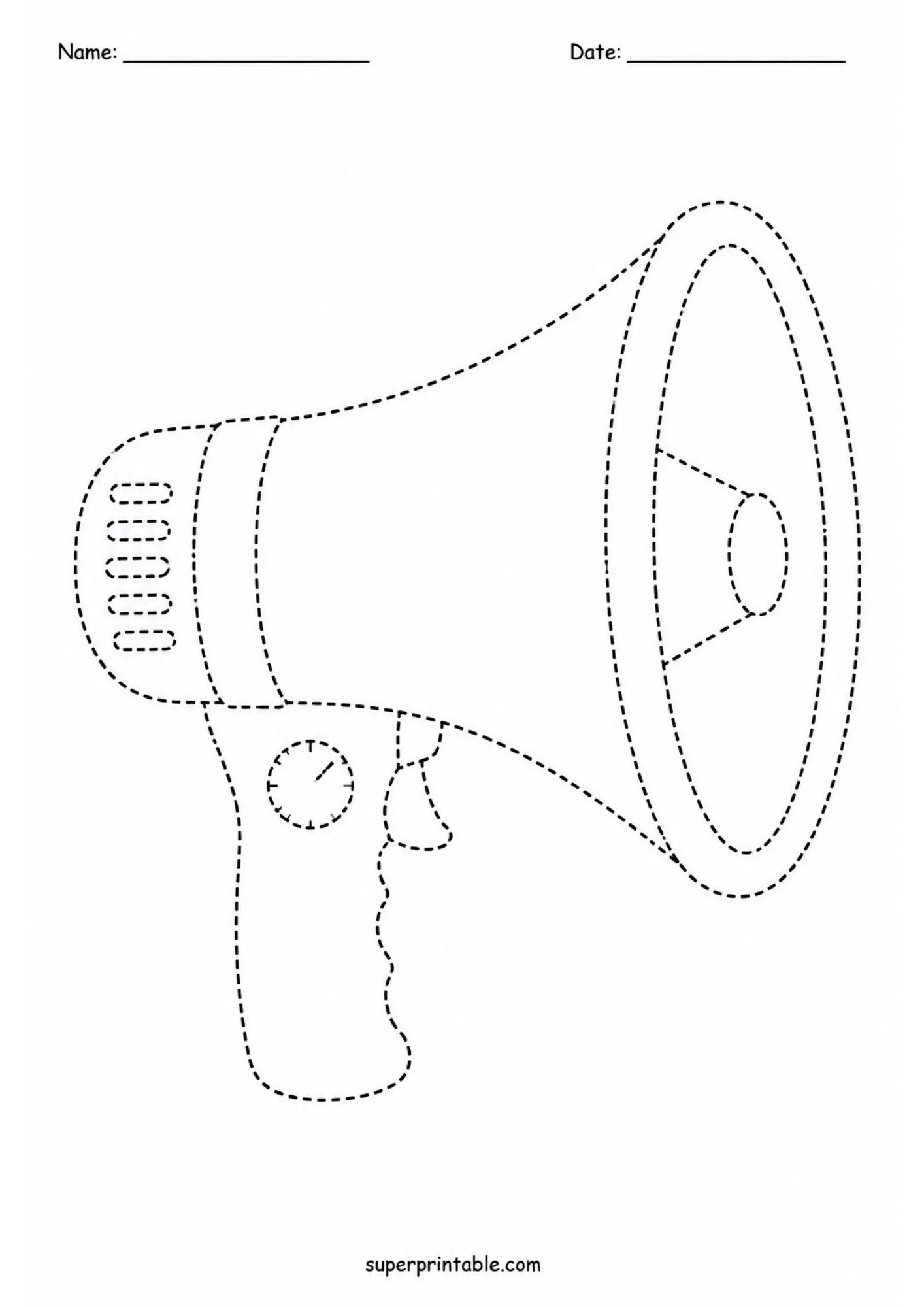 Handheld megaphone bullhorn tracing activity page for preschool community helper worksheets.