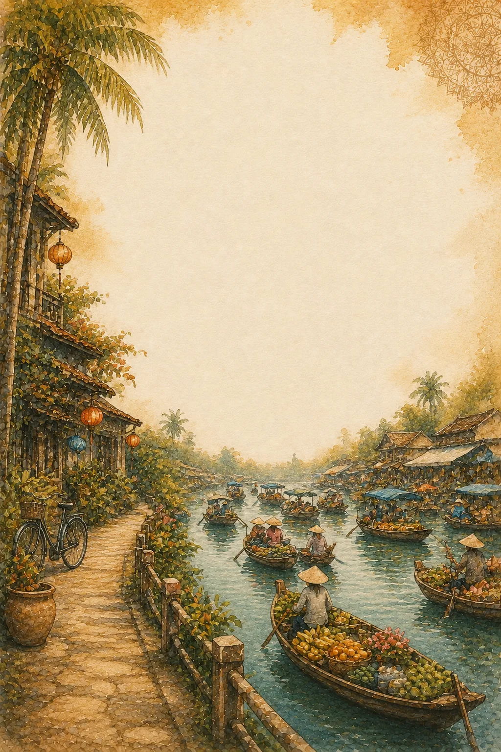 Detailed watercolor page frame featuring floating market boats filled with fruits on a busy river canal.