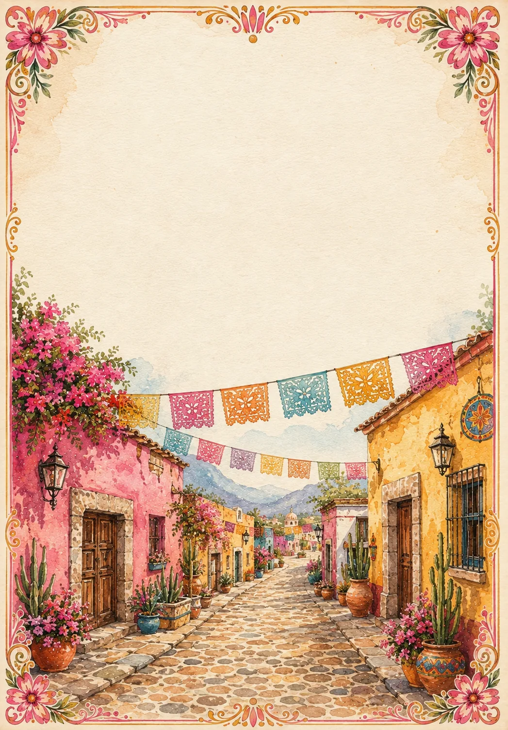 Mexican pueblo border paper featuring pink stucco buildings and colorful papel picado banners.